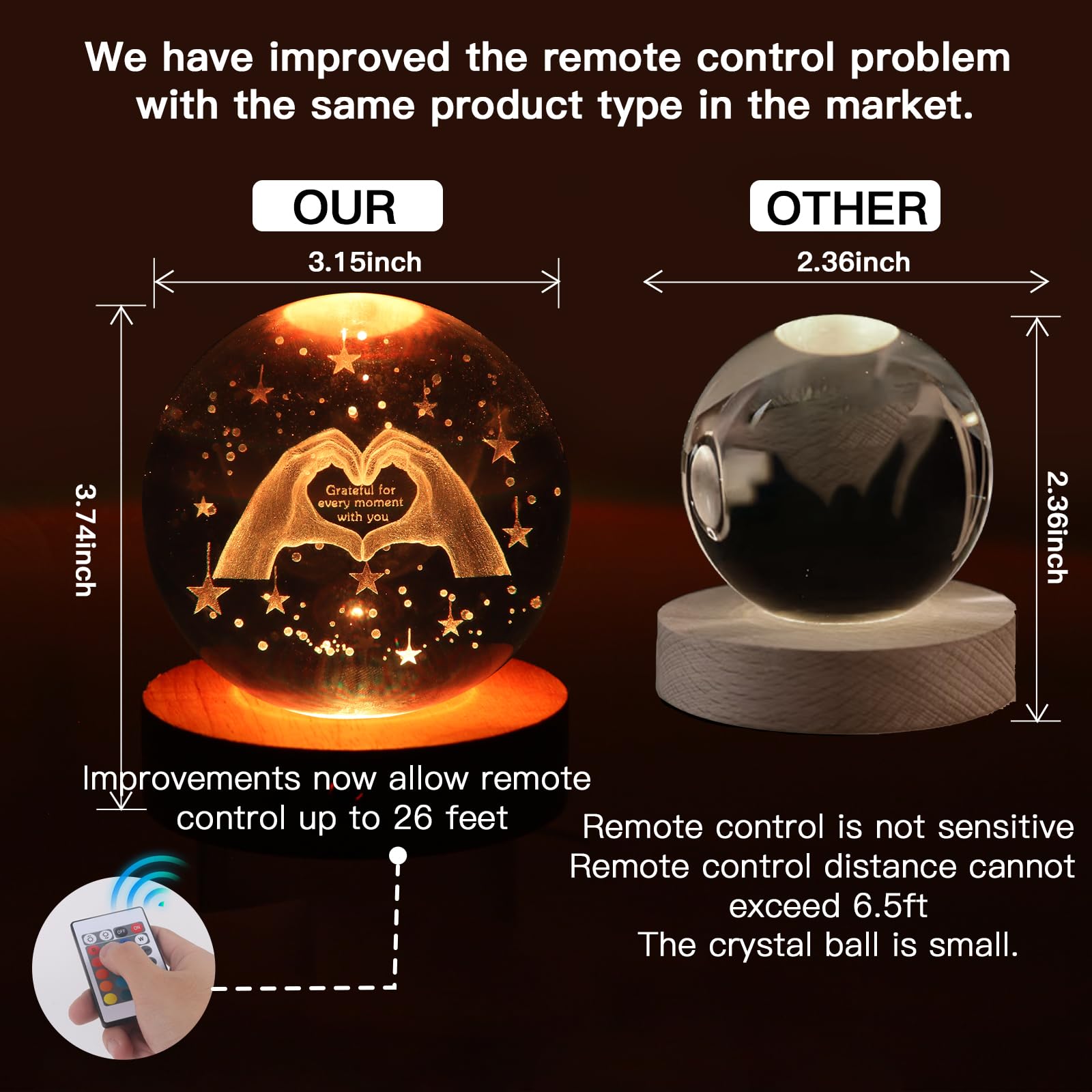 youglatt 3D Crystal Ball Night Light 16 Colors 4 Modes Remotely Controlled Night Light Room Decor Funny Anniversary — view 7