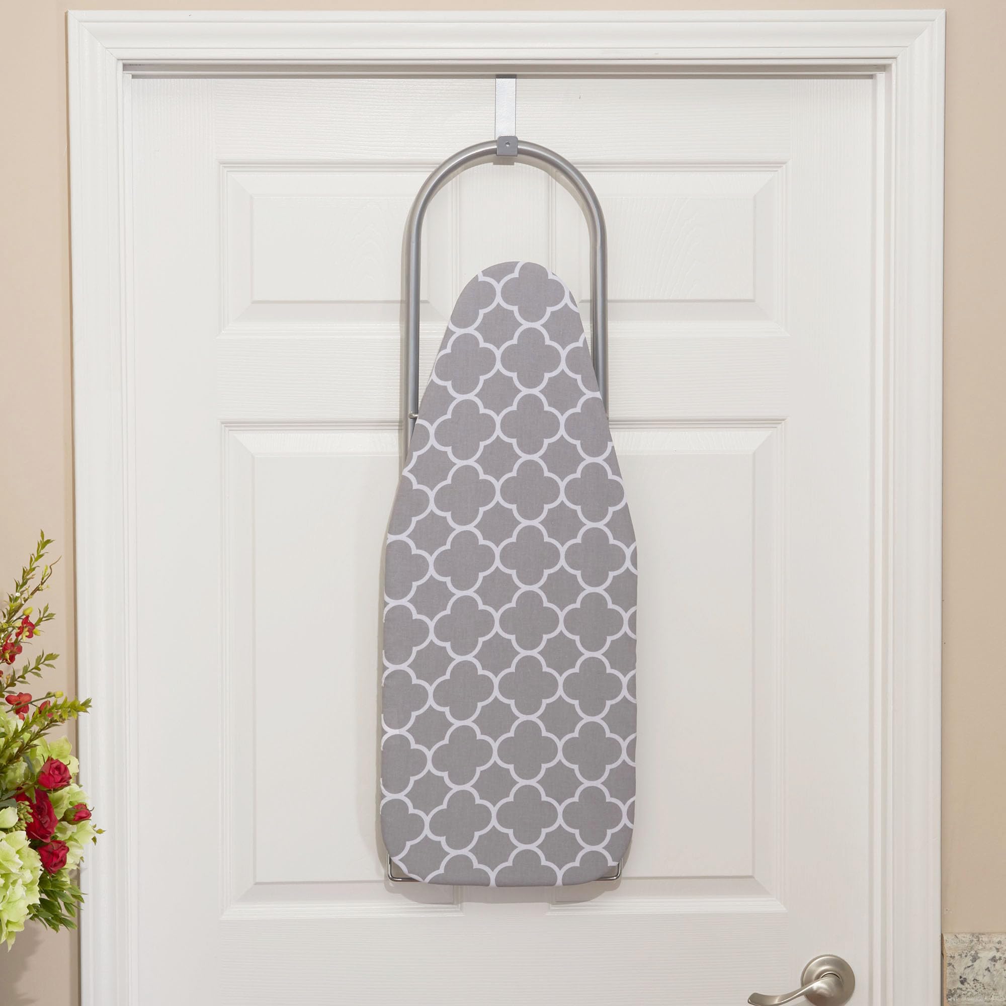 Household Essentials, Asse da stiro da tavolo in acciaio con poggia ferro, rete in acciaio con copertura in cotone, grigio e bianco