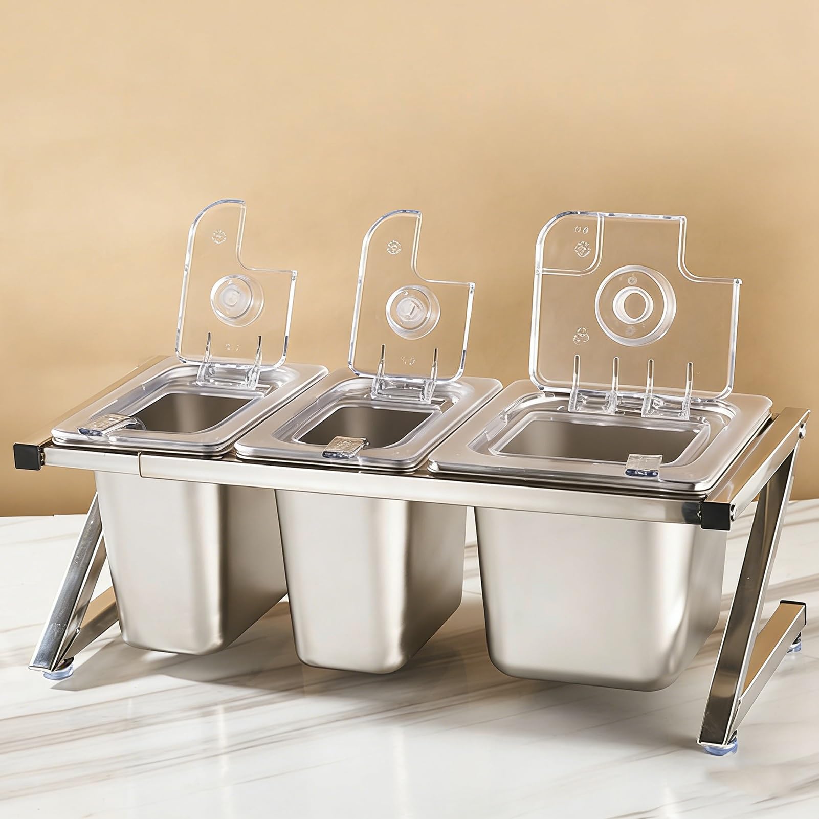 Questa Stazione per condimenti per Pizza con Coperchio Ribaltabile e Set di Palette, Supporto Organizer per spezie in Acciaio Inossidabile, Porta guarnizioni Inclinato da banco per Salse, ma