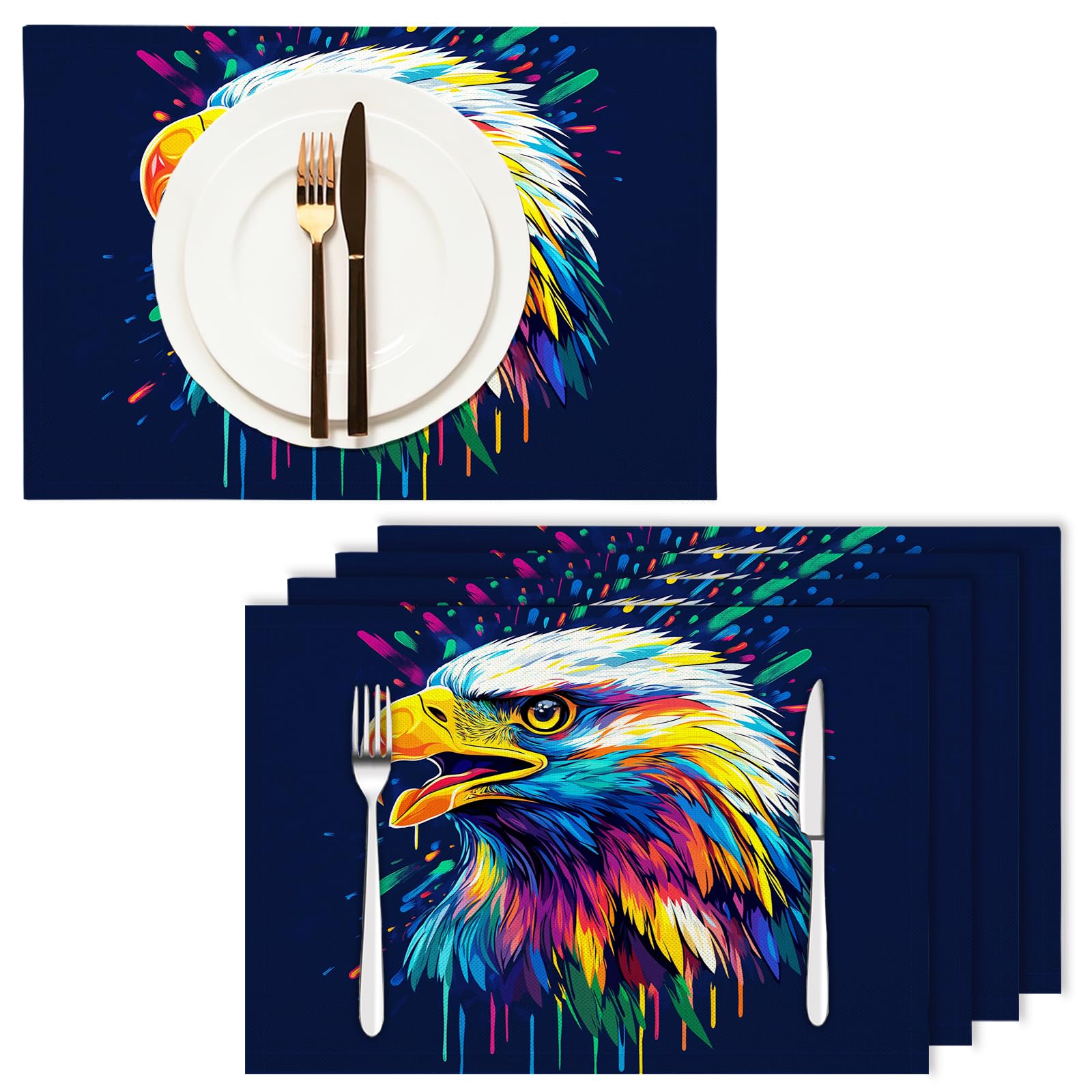 Tovaglietta Americana Animali colorati in Cotone Lino Rettangolare - Tovagliette Set di 8 Testa d'aquila graffiti Resistente al Calore per La Cucina, Il L'Ufficio, 30 x 45cm