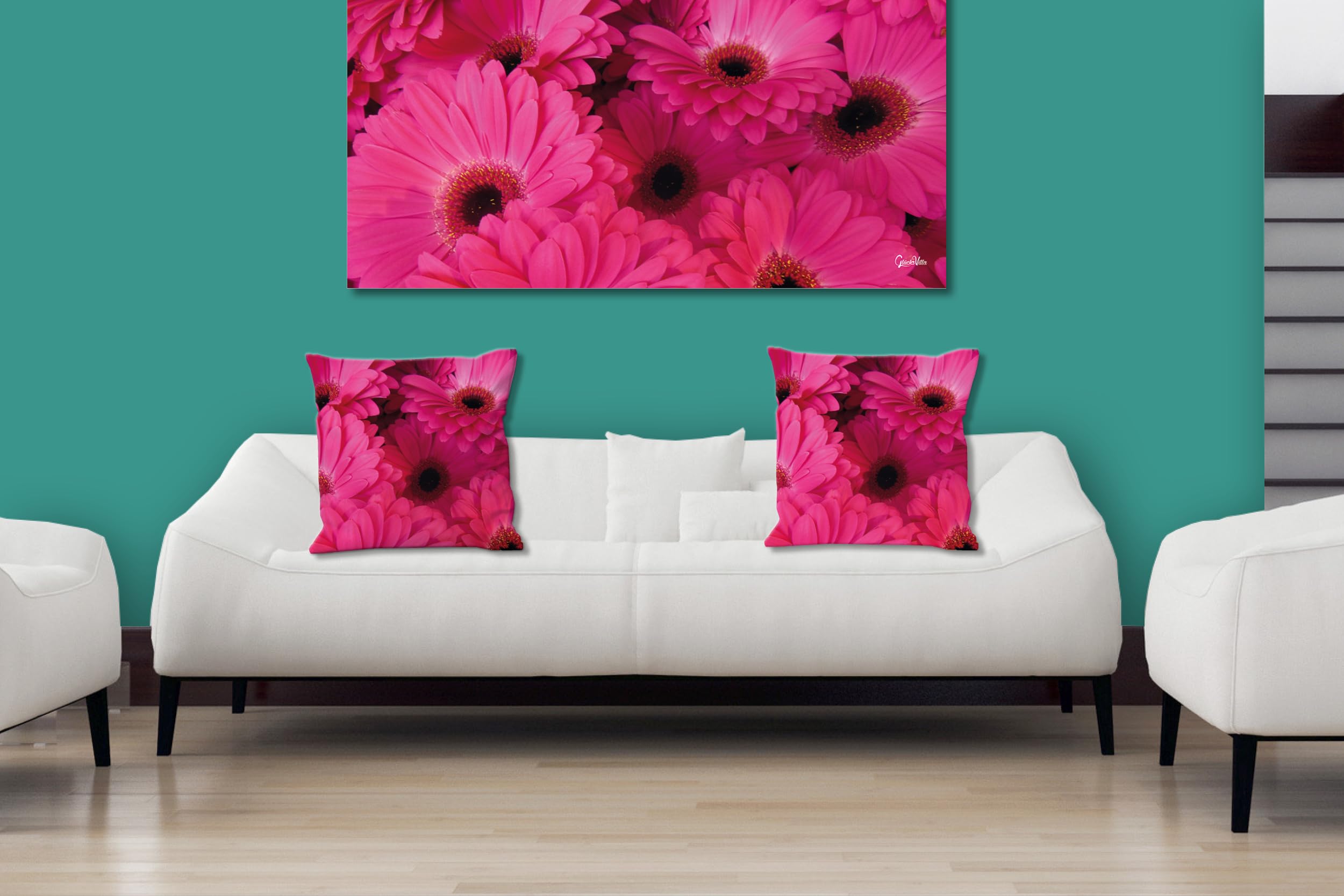 Gerbera in Pink - Foto-Kissen-Hülle Set (2 STK.) 40 x 40 cm | Kissen-Bezüge - passend zu Wandbild - Deko-Kissen - Blumen-Strauß Blüte Natur Garten
