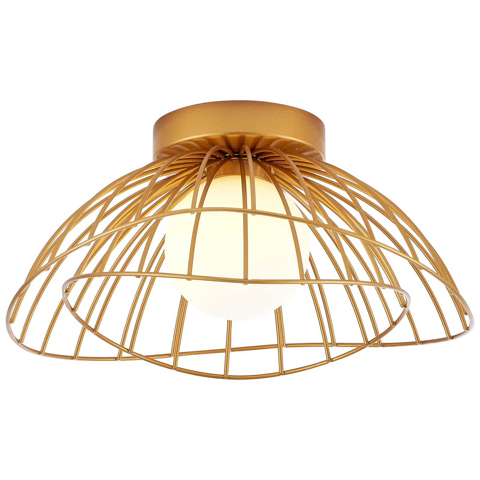 MhyTogn Modern Semi Flush Mount Ceiling Light, White Opal Glass Globe Shade Antique Brass Brush Paint Finish Chandelier for Porch Hallway Kitchen