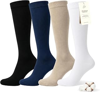 WeciBor Women Cotton Uniform Knee High Socks for Cheerleading 4 Pairs | Seamless Toe, Pernium RCS Cotton, Breathable, Uniform Dress Stockings for Teen Girls, Great Choice to Match Pretty Skirt