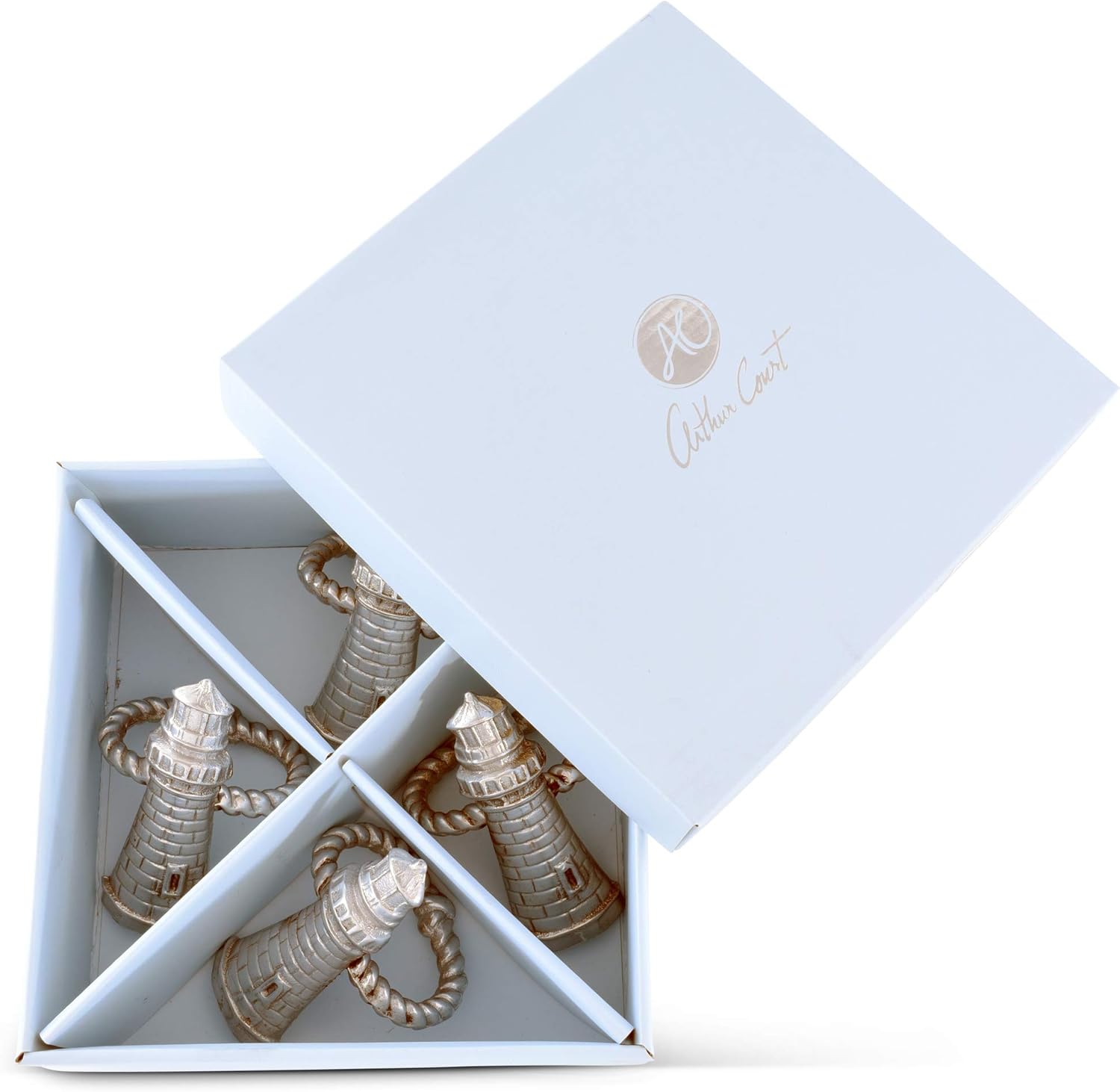 Arthur Court Aluminum Lighthouse Napkin Rings; Coastal Sea Ocean Collection Set of 4 Artisan Crafted Designer Rings 4.25 inch x 2 inch