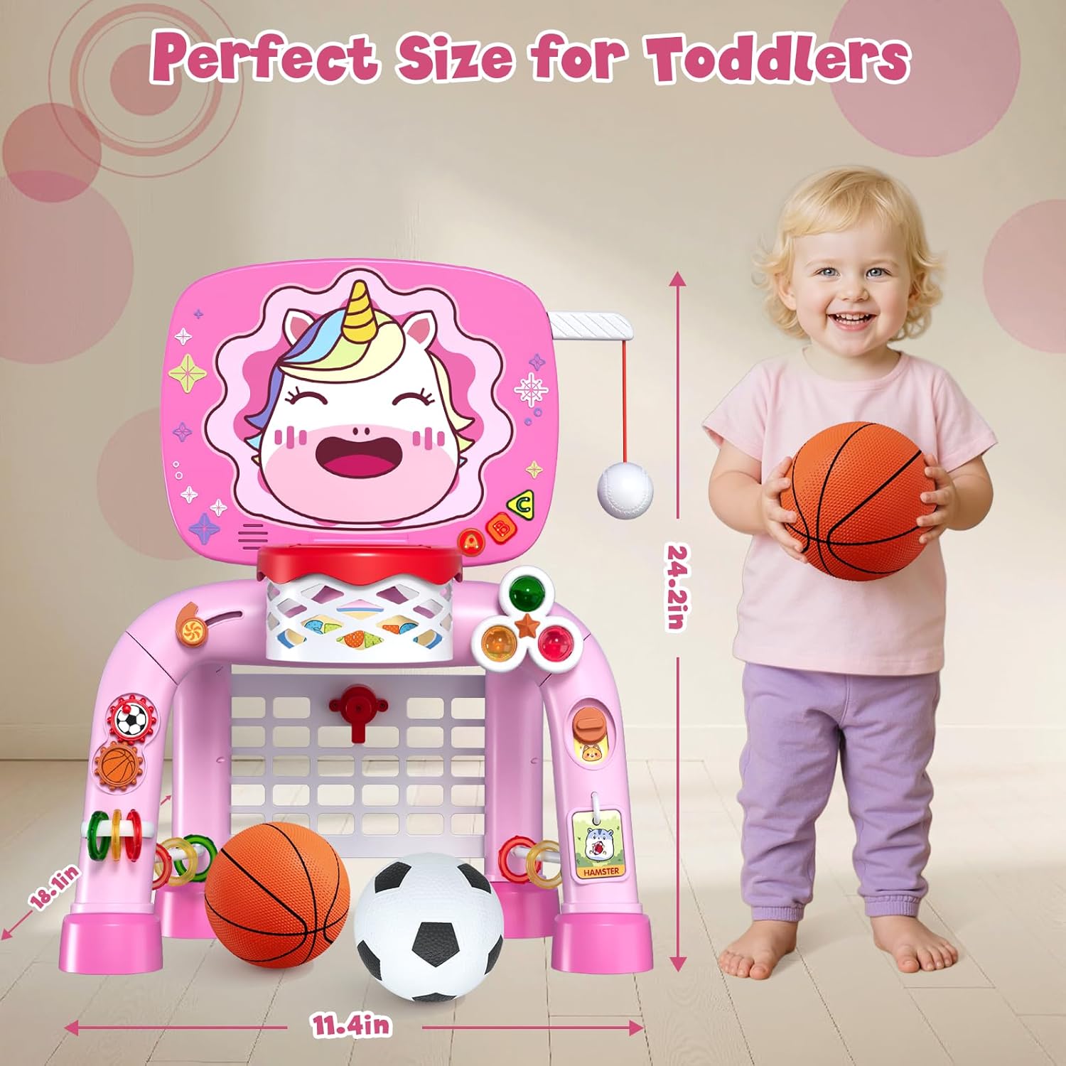 Toddler Basketball Hoop Tball Set & Soccer Goal - Unicorn Sport Toys for 1 Year Old Girl with Learning Activities (Abacus/Alphabet/Animals Sounds) Christmas Birthday Gifts for Baby Girl Age 1 2 3