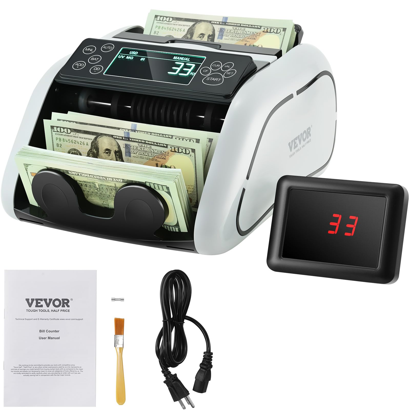 VEVOR Money Counter Machine, Bill Counter with UV/MG/IR/DD/DBL/HLF/CHN Counterfeit Detection, Counting/Value Count/Add/Batch Modes, USD/EUR Money Counting Machine with LCD Display for Small Business