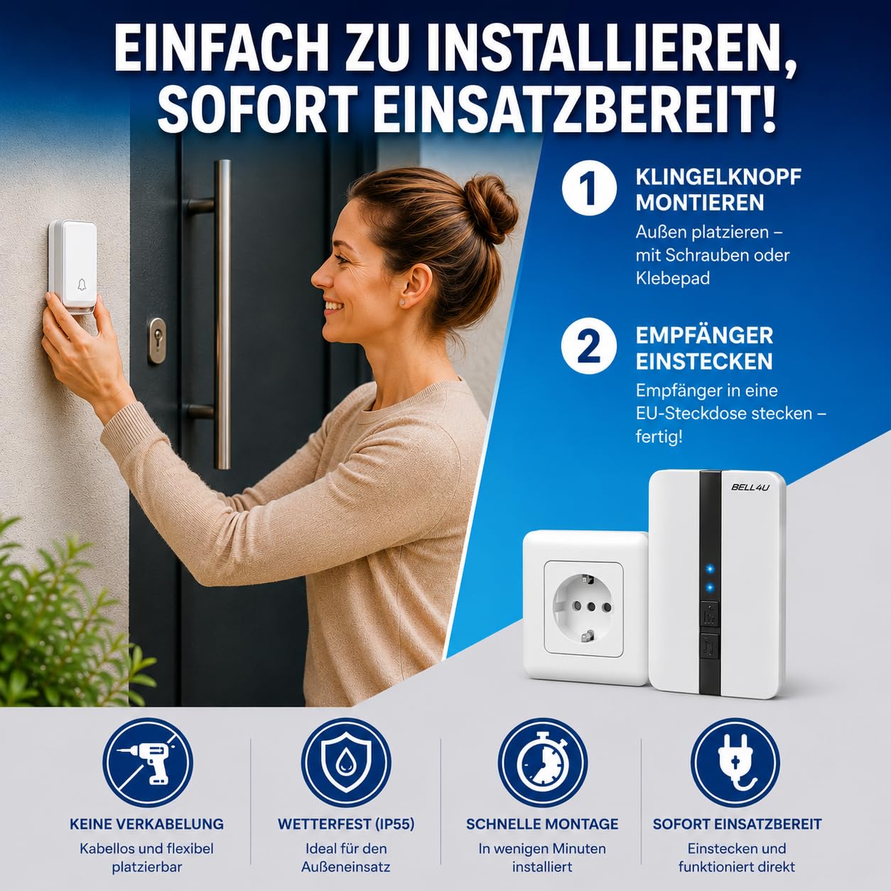 Funkklingel Set, batterielos, 2 Sender, 4 Empfänger | Keine Batterien erforderlich, 200 m Reichweite, IP55, 51 Melodien, 4 Lautstärken, LED-Anzeige, einfache Montage