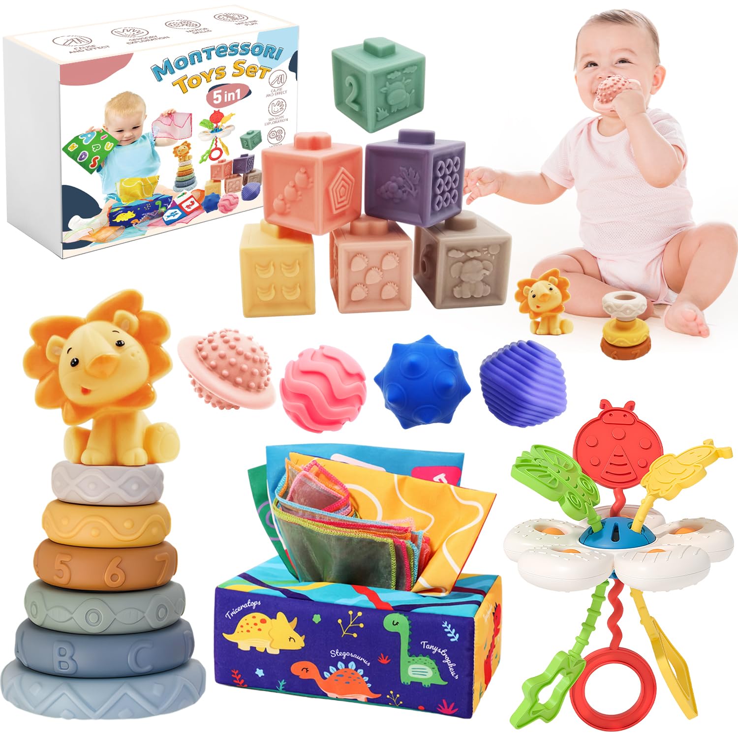 Almaxi 5 in 1 Baby Spielzeug ab 6 Monate, Montessori Spielzeug ab 6 9 12 Monate, Stapelturm, Blöcken,Tissue Box Baby,Quetsch Bälle Sensorisches,babyspielzeug ab 6 Monate, Geschenk Baby 6 Monate