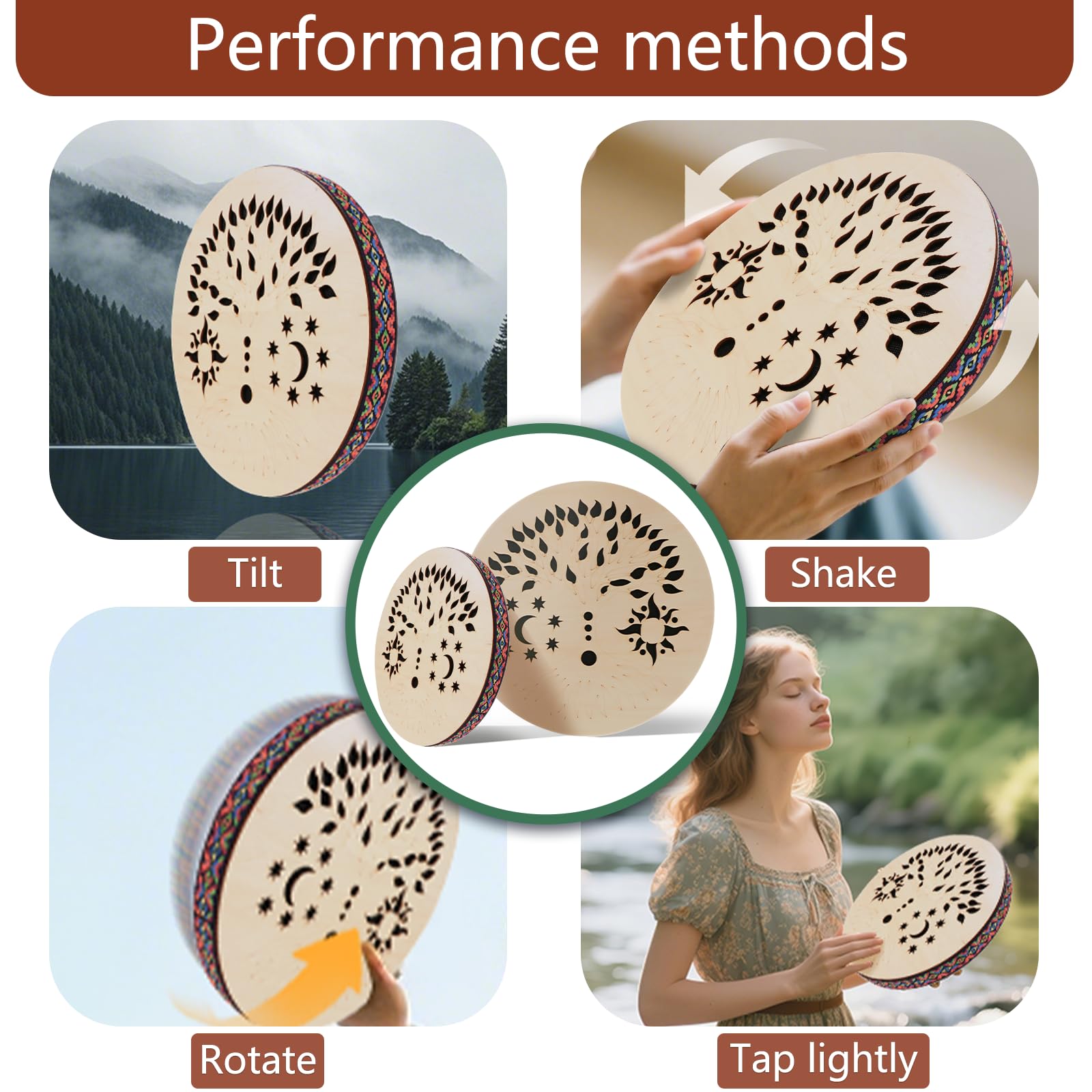 Tamburo oceanico in legno da 30,5 cm, tamburo onomatopeico, strumento a percussione etnica per musica onomatopeica, tamburo in legno di betulla per accompagnamento alle esibizioni (albero