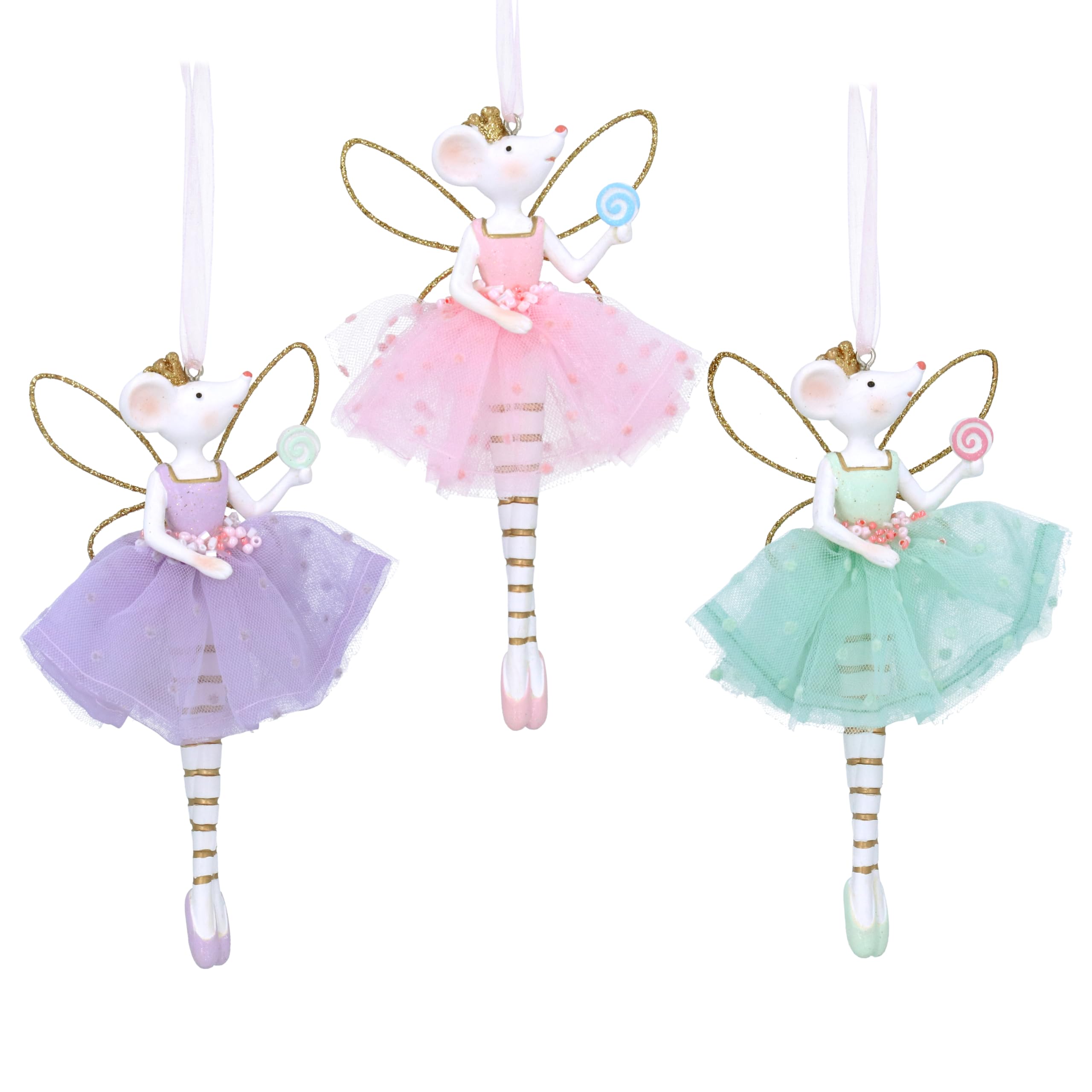 Gisela Graham Fairy Mouse in Pastle Fabric & Resin 14 Centimetre Decoration, set of 3