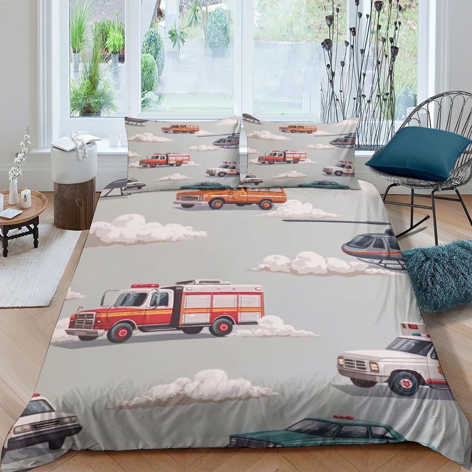 Ctjqhvkz Style-10 3D Printed Fire Truck Fitted Sheet Microfiber Soft Red Police Car Bed Cover For Bedroom Dorm Mattress Protection Decor Single（135X200cm）
