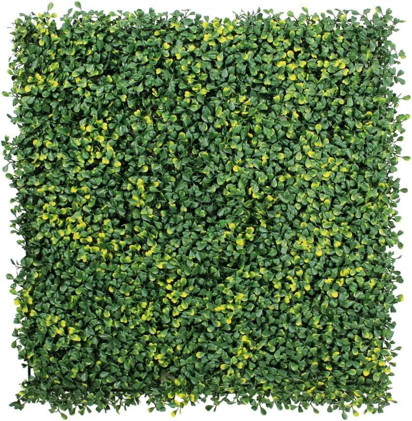 HYGRAD® 12 x Artificial Boxwood Topiary Green Artifical Grass Screen Fencing Hedge Panels 50 x 50 UK Artificial Wall Decoration Panels (Pack of 12) (Green With Yellow)