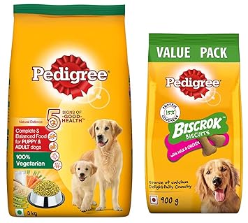 Pedigree Complete & Balanced Food for Puppy & Adult Dogs, 100% Vegetarian, 3 Kg & Pedigree All Life Stages Biscrok Biscuits (Above 4 Months), Milk and Chicken Flavor, 900g Pack