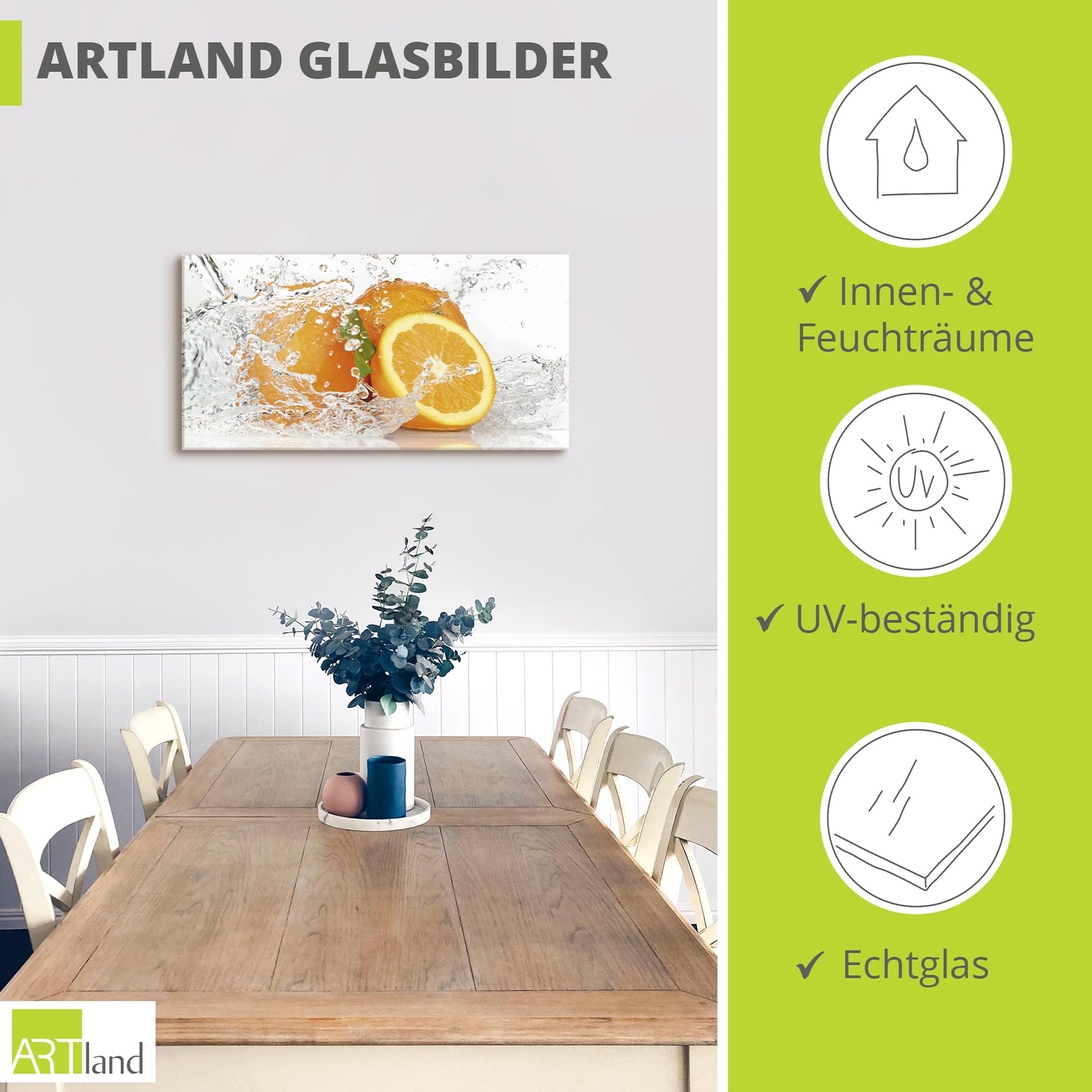 ARTLAND Wanddeko Glasbilder Wandbild Glas Bild einteilig 60x30 cm Querformat Früchte im Wasser Obst Orange Frucht Cocktails Bar Modern T5UI