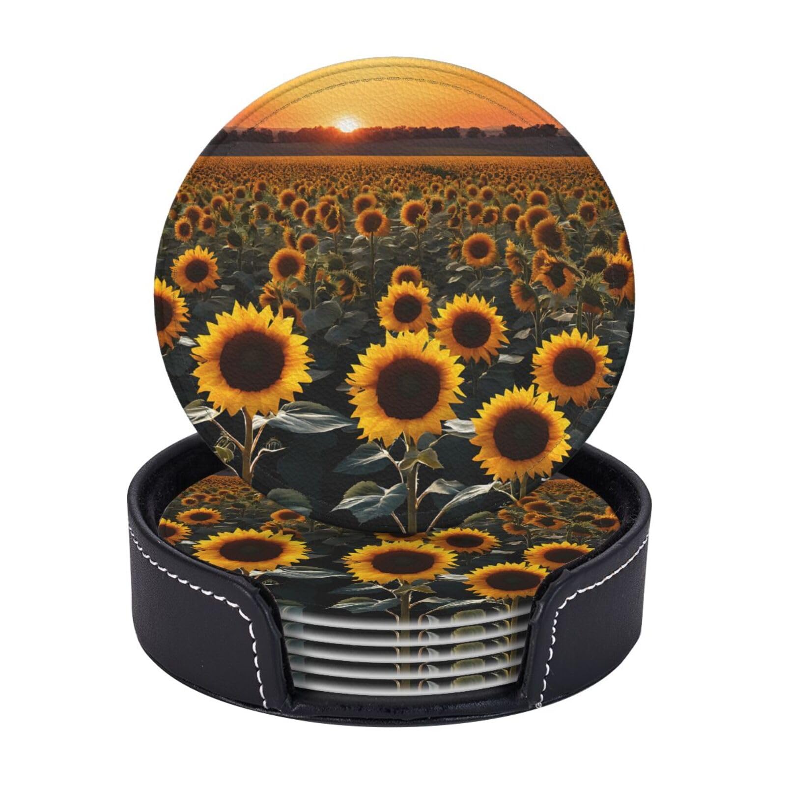 Coasters Set of 6 Microfiber PU leather Coasters with Holders for Drinks Coffee Bar Accessories, House Apartment Coffee Table Decor, Housewarming Gifts - Farm Sunflowers
