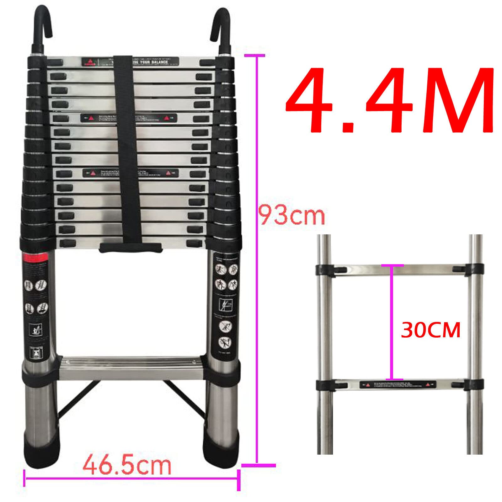 Escalera telescópica extensible plegable de 150 kg, capacidad de carga de 4,4 m, escalera de acero inoxidable con kit de gancho de techo