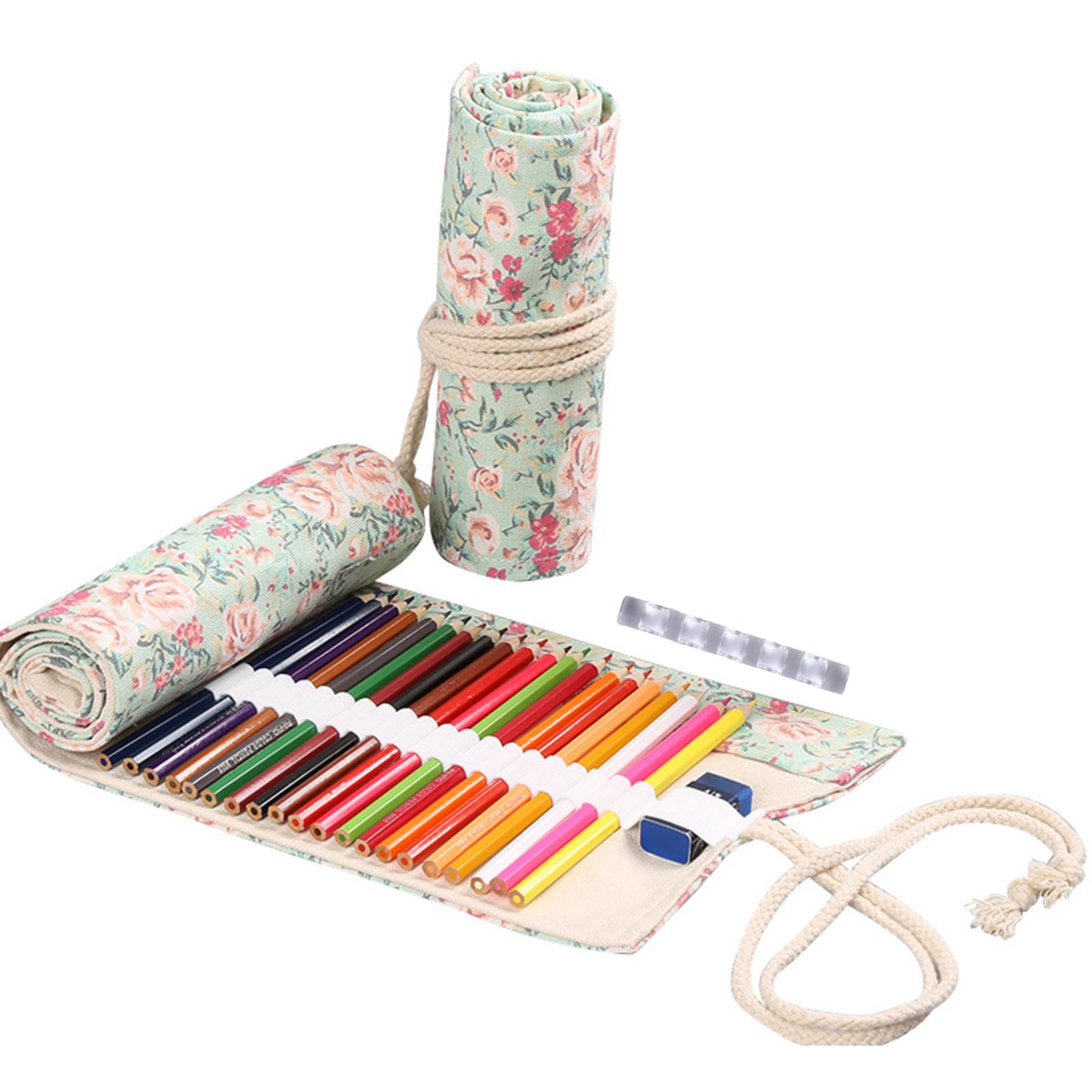 PACIOCEAN 48 Slot Canvas Brush Roll Artist Brush Holder with Waterproof Floral Case, Organizer for Acrylic Oil Watercolor Brushes, Colored Pencils, Travel Art Supply Storage Pouch for Adults