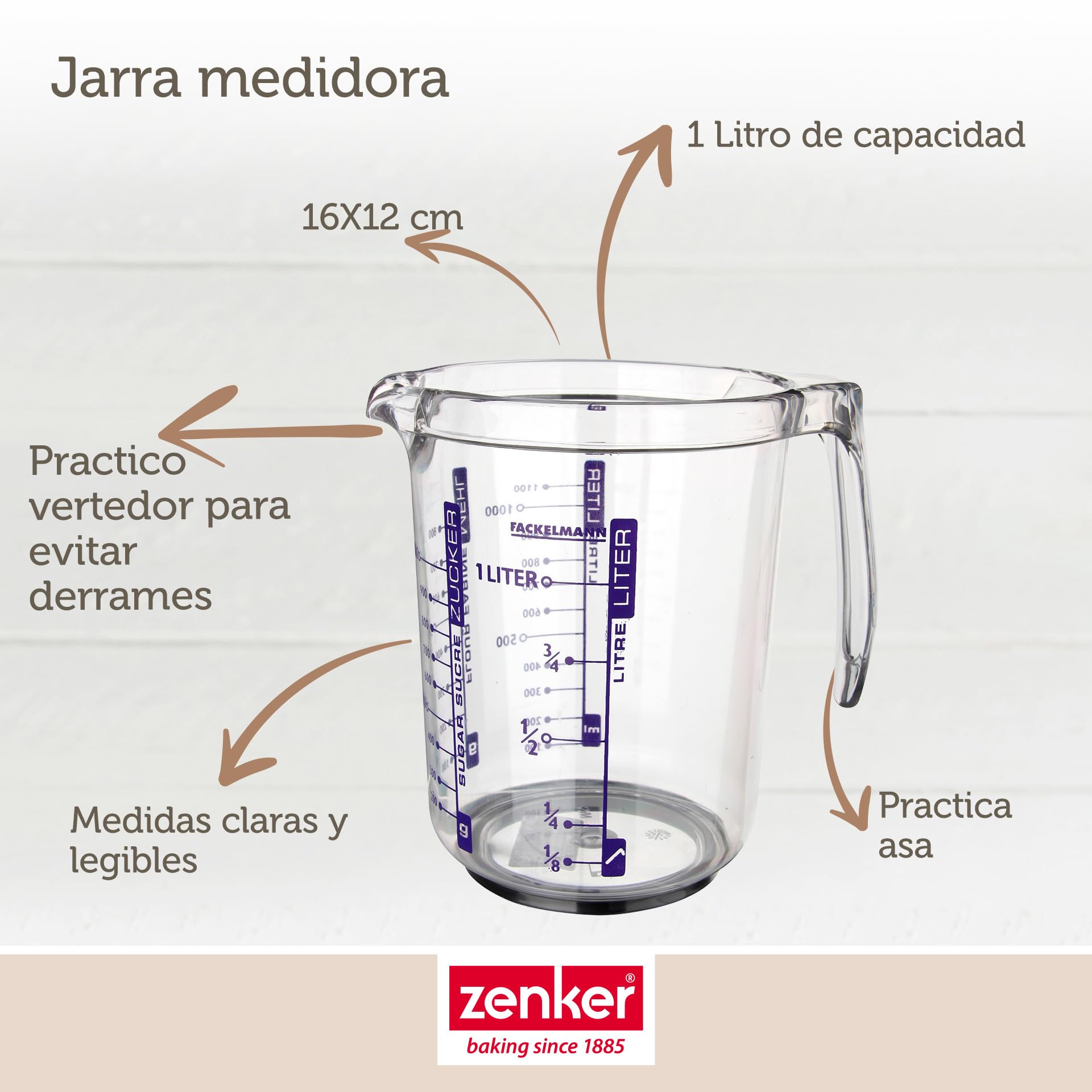 Fackelmann Jarra Medidora de Cocina, 1 litro de capacidad, con escala para medir líquidos, azúcar y harina, Plástico SAN Transparente. Medidas 17,5x12,5x16,5 cm, 1 ud