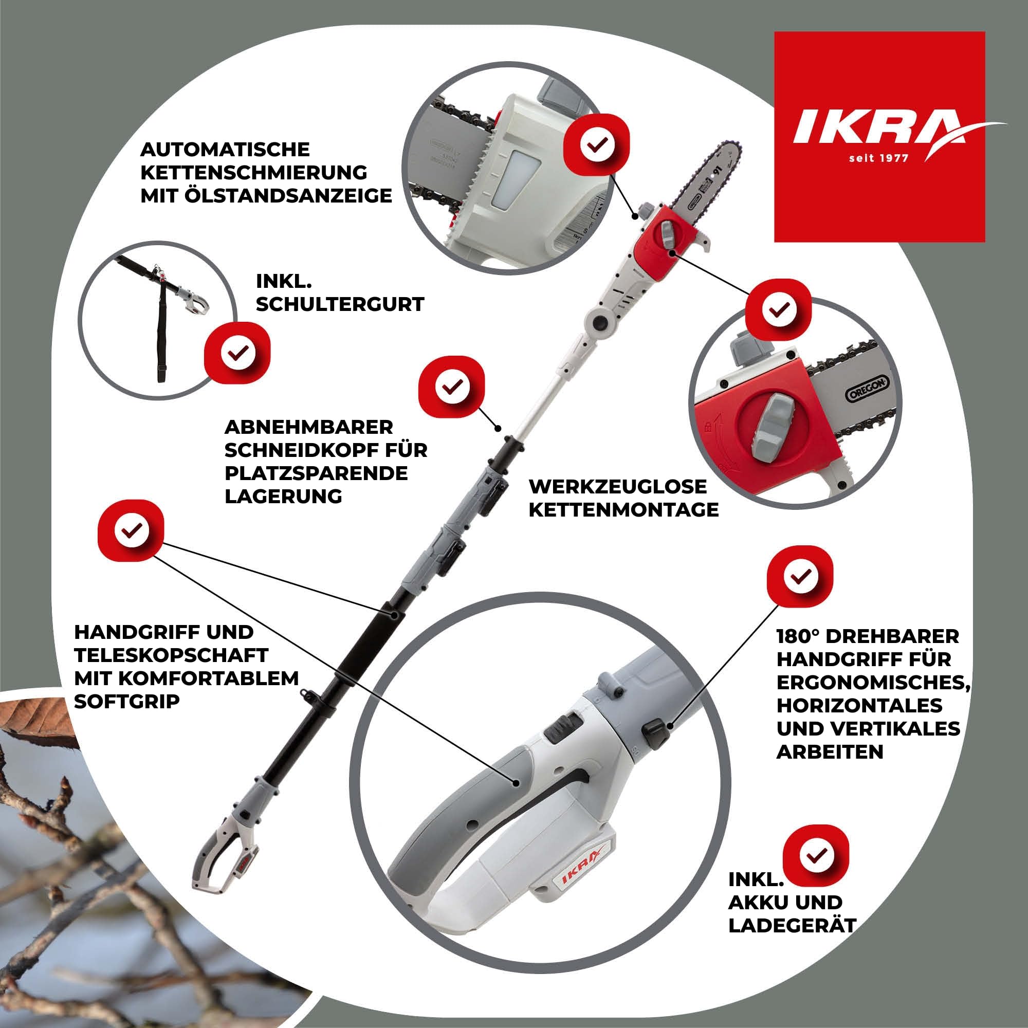 IKRA Teleskop Entaster ICPS 2020, inkl. 2 Akkus & Schnellladegerät | Schwertlänge 20cm, teleskopierbar, Arbeitshöhe 4 Meter, 180° drehbarer Handgriff, Schultergurt, 20V-Akku-Familie von IKRA