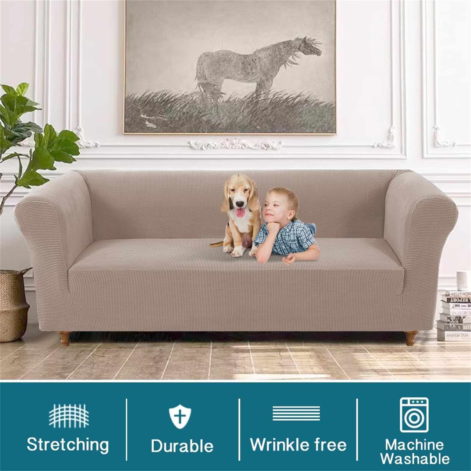 Sofabezüge Stretch Couchbezüge Anti-Rutsch Sofa Schonbezug mit Armlehne Spandex Jacquard Sofa Überwürfe rutschfest Sofa Überzug Waschbare Sofabezug für Haustiere (3-Sitzer,Sand)