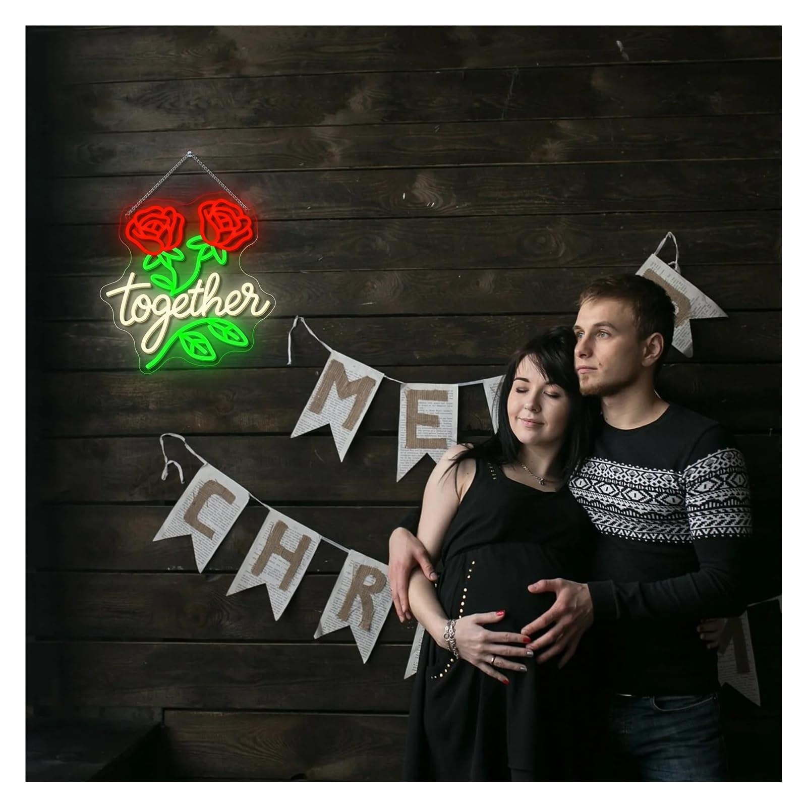Luz de Diseño de Digital Letrero De Neón Together Con Rosa Roja Y Luz LED Regulable Para Decoración De Pared De Bodas, Fiestas Y El Hogar, Lámpara De Noche 38cmx36.8cm