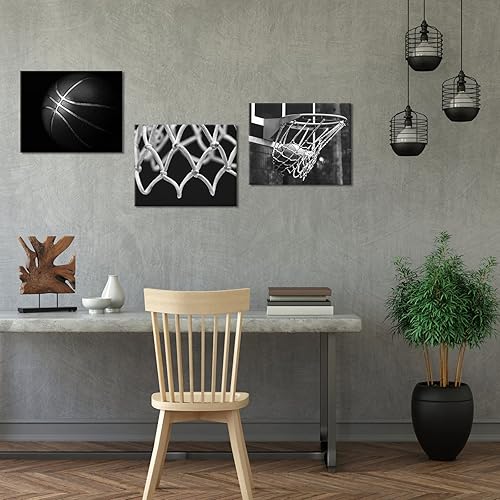 Miniatura 4 de OuElegent 3 paneles de lienzo de baloncesto en blanco y negro para pared, diseño de aro de baloncesto, redes de baloncesto, impresiones artísticas