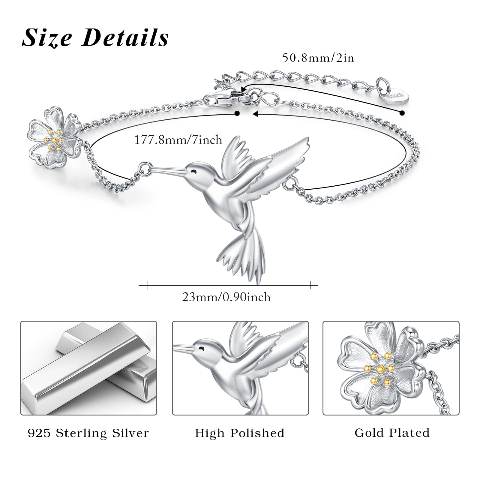 Pulsera de plata 925 para mujer, diseño de colibrí y flor, adecuada para el Día de la Madre, San Valentín, cumpleaños, bonito regalo para novia, madre, esposa