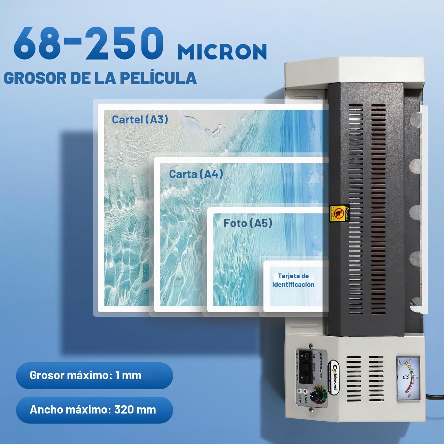 CGOLDENWALL A3 Plastificadora 68-250 Micras, Máquina Laminadora de 4 Rodillos para Laminación Térmica/en Frío, Calentamiento Rápido, Antiatascos, con Kit de Inicio (3 Tipos de Fundas Incluido)