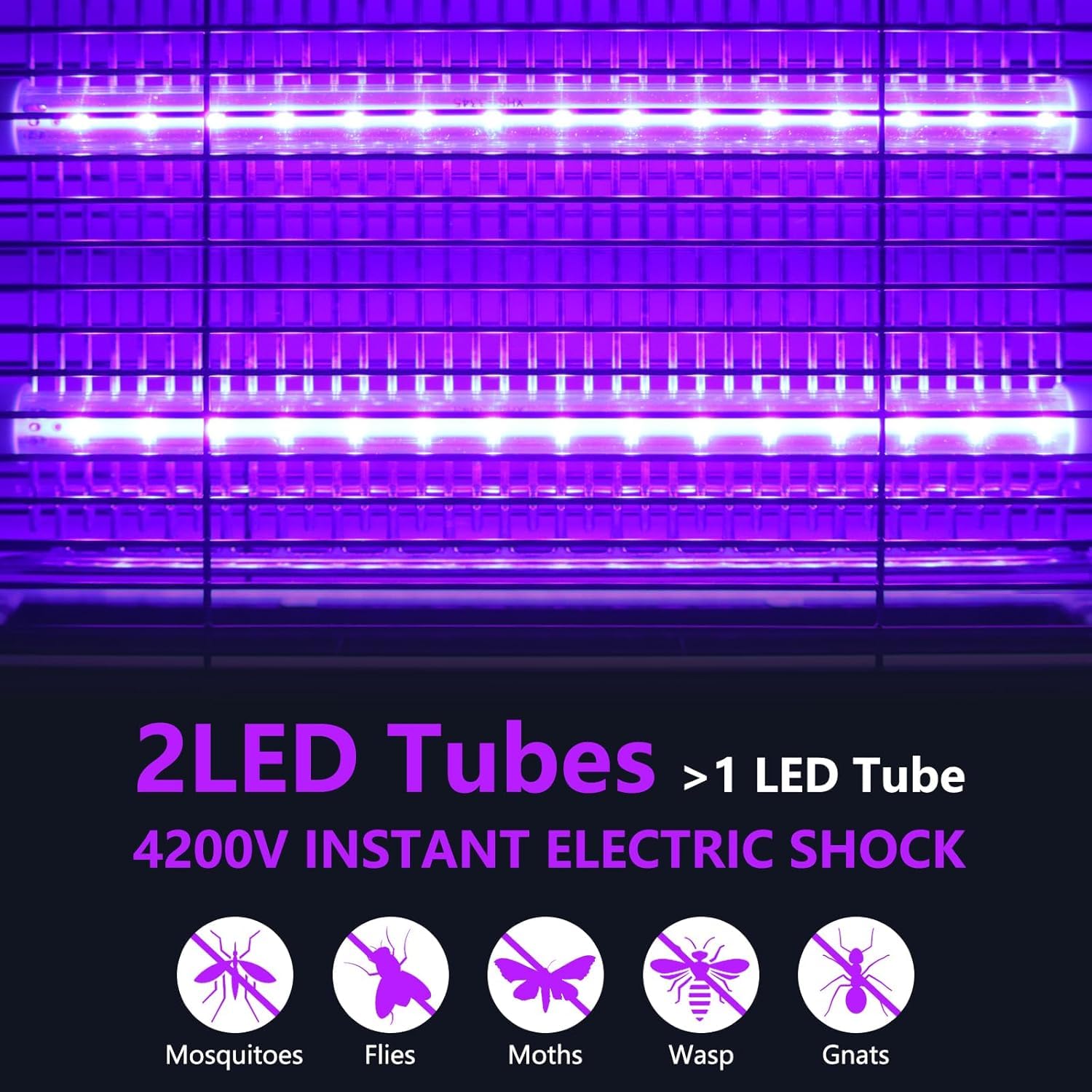 Loowoko Lampara Antimosquitos Interior 4200V, Mata Mosquitos Electrico UV Doble LED eficiente,Cable de 1,3 m,Rejilla de Seguridad,Sin químicos, para Interiores & Zonas Exteriores Cubiertas