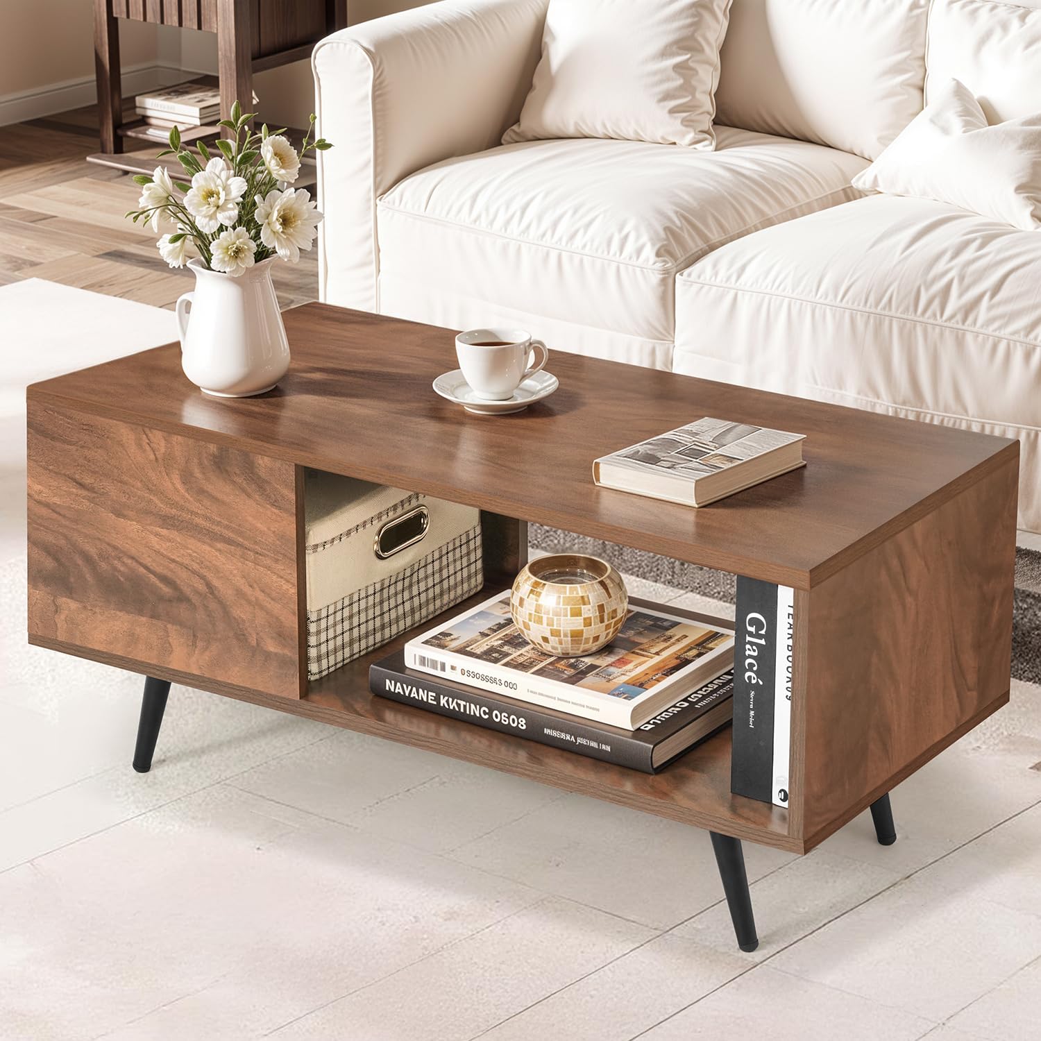 ABOUT SPACE Center Table - Space Saving Coffee Table for Living Room with Storage Compartment Engineered Wood DIY Teapoy with Metal Legs for Home, Office (Walnut - L 90 x B 40 x H 42 cm)-image-44