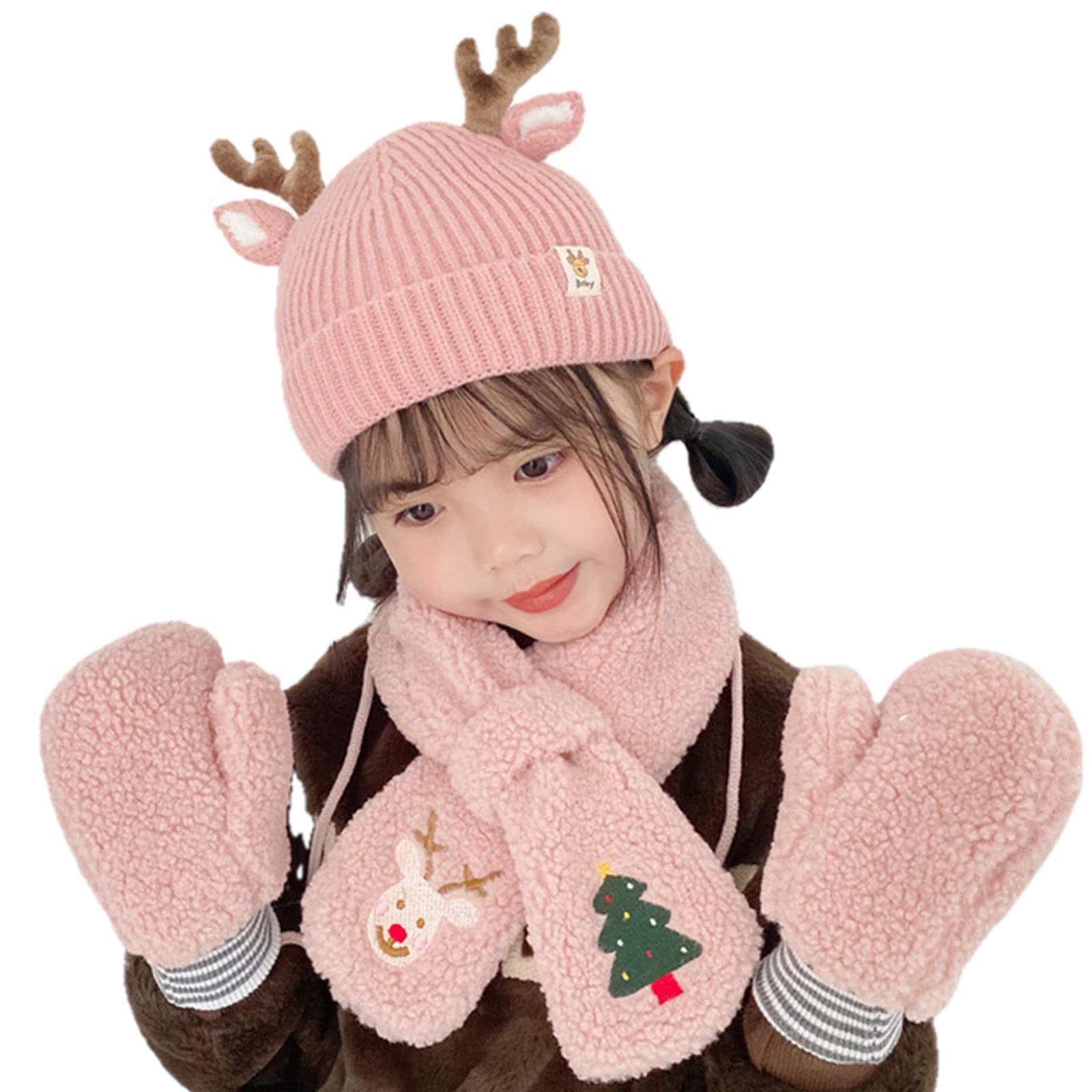 UKKO Beanie Kinder Winterschal Hut Handschuhe 1 Set Weihnachten Und Neujahr Geschenke Jungen Und Mädchen Warme Schals-Red 2 Pcs,3 to 8 Years Old
