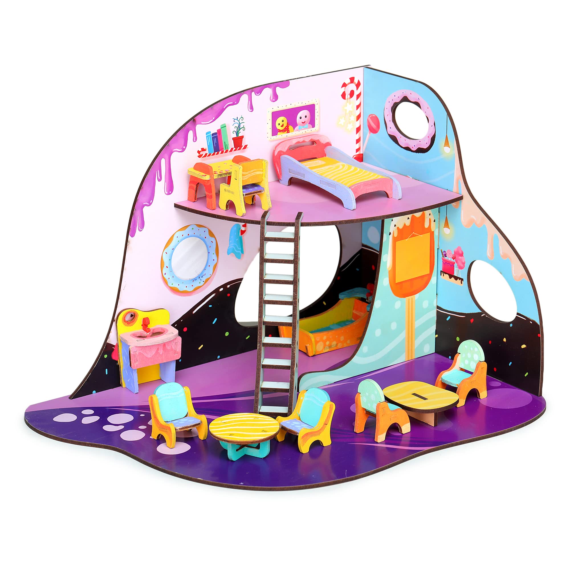 Webby Candy Craze A Sweet Retreat All Side Play Doll House for Girls & Boys DIY Paint Wooden Doll House Toy with Furniture for Kids