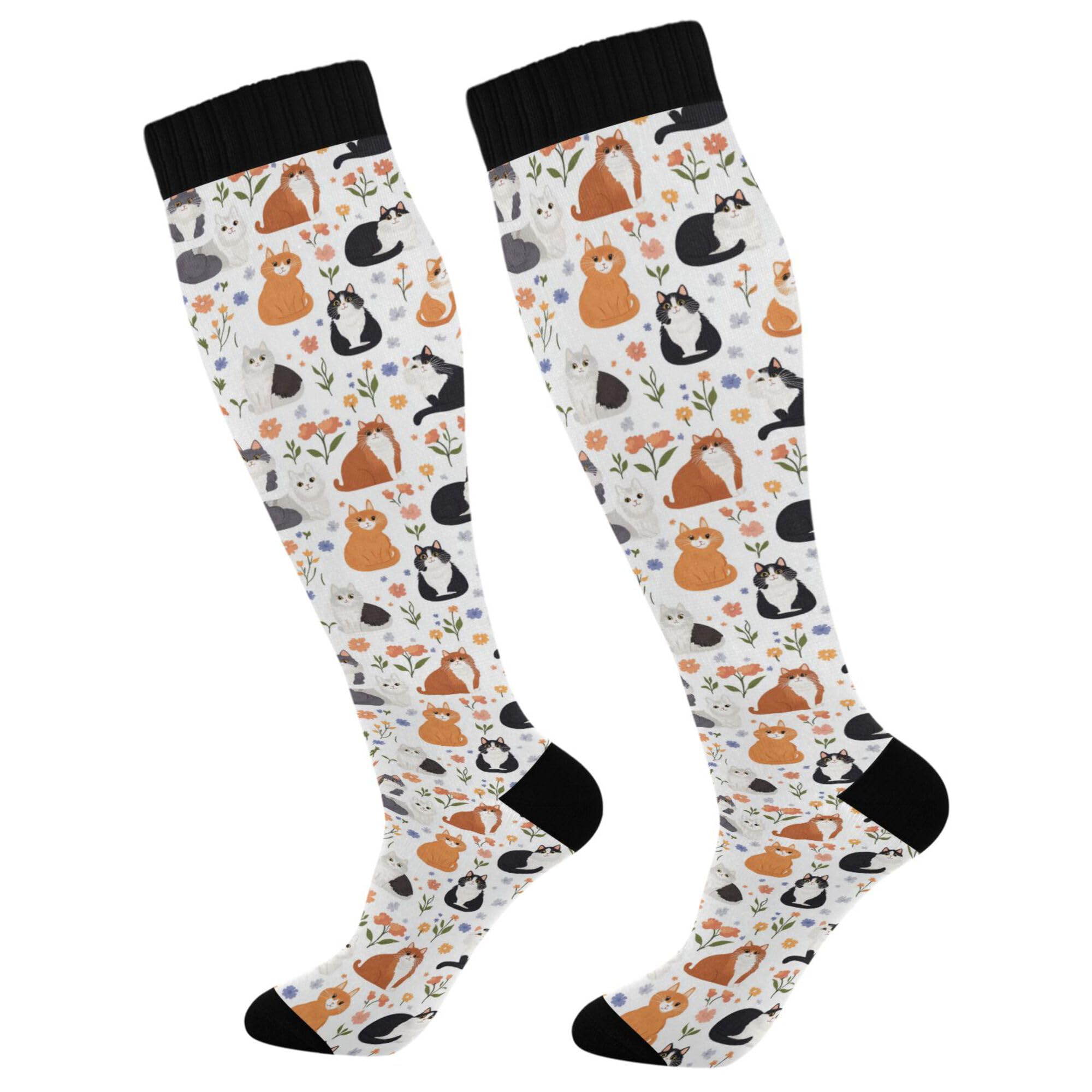 Mens Compression Socks Graduated Support For Nurses, Athletic, Travel & Flight Socks Cartoon Cute Manx Cats White