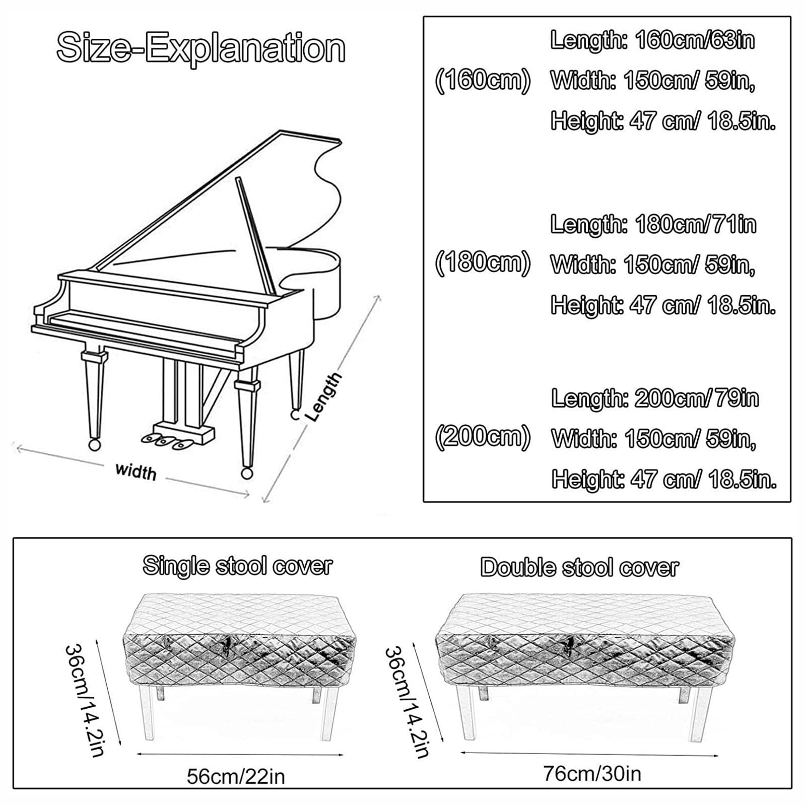 Copertura per Pianoforte, Copertura Completa per Pianoforte a Coda Addensata - Fodera in Cotone Addensato Personalizzata Nera - Doppio Strato Addensato - Copertura per Pianoforte a Coda/C/180