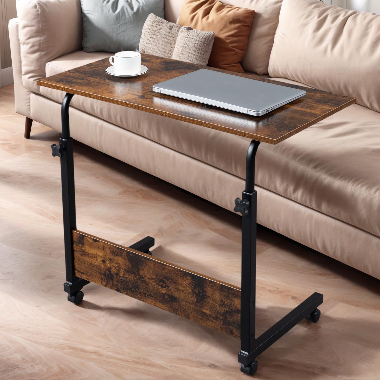 ZephyPaws Mobile Side Table, Adjustable Sofa Tray Table Portable Desk with Wheels, C-Shaped Removable Study Over Bed Laptop Desk for Living Room