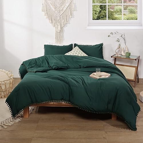 Miniatura 5 de Smoofy Juego de edredón con flecos, tamaño Queen, color verde esmeralda, bohemio, elegante, bonito juego de ropa de cama con pompones, suave,