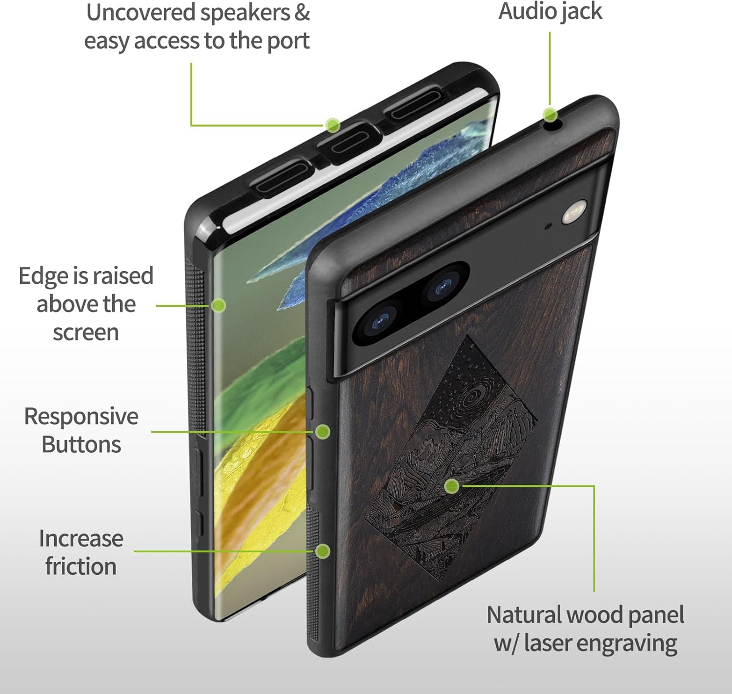Carveit Wood Case for Pixel 8 - Natural Wood & Black Soft TPU Shockproof Protective Cover - Unique Wooden Case - Compatible with Google Pixel 8 (Starry Night-Blackwood)