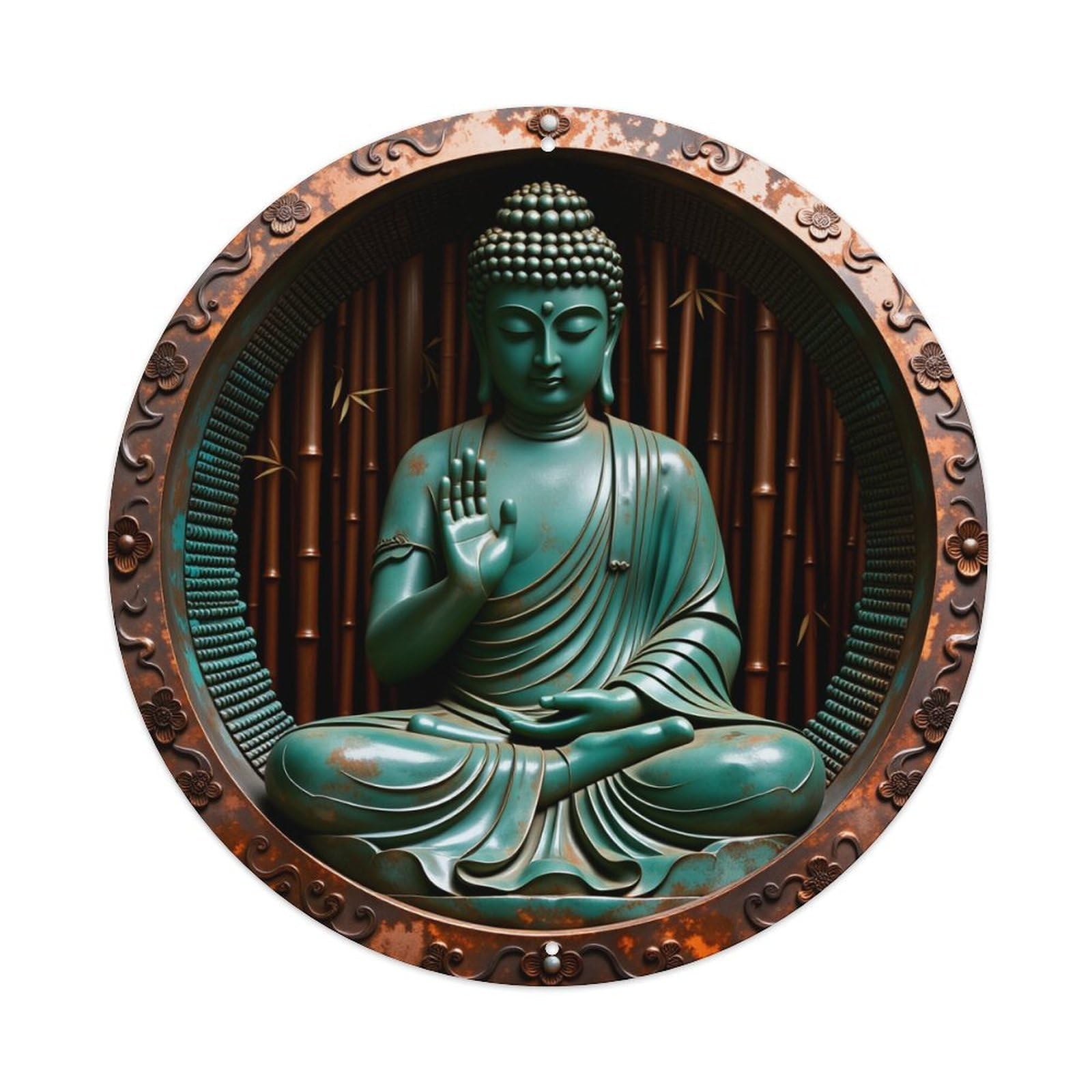 Buddha Statue In Green Patina With Bamboo Background Round Vintage Tin Sign,Retro Wall Art,Metal Poster for Home, Bar, Garage, Cafe, Rustic Indoor & Outdoor Decor, 8x8 Inches