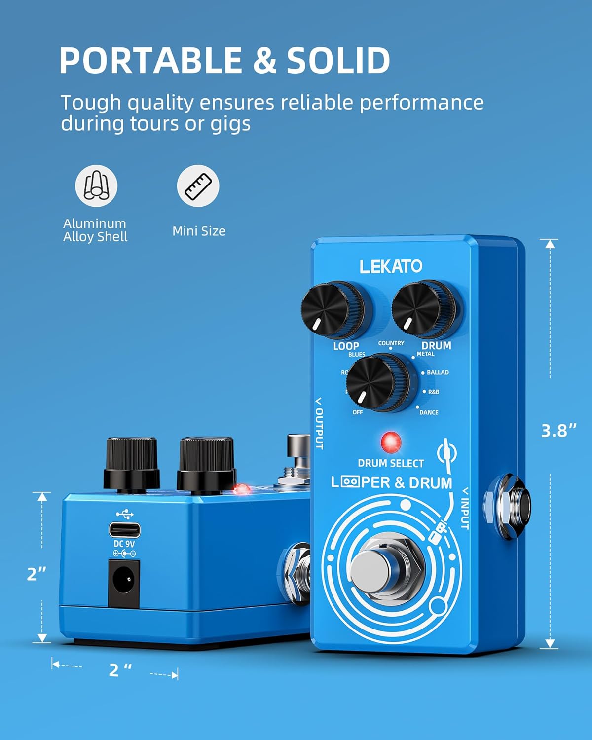 Šonuose ir viršuje view of the LEKATO pedal with dimensions indicated: 2 inches wide, 2 inches deep, 3.8 inches high