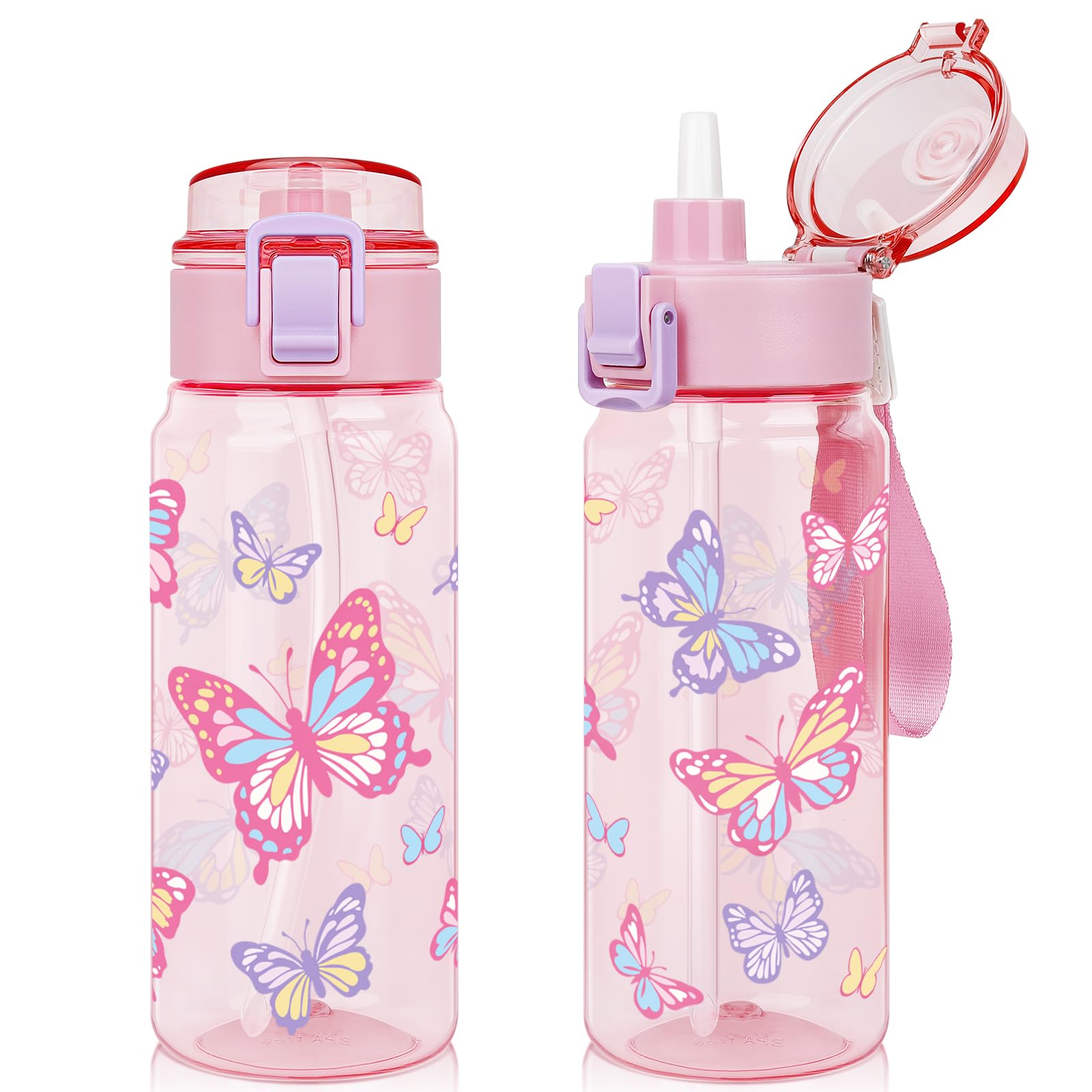wooshwa Tritan Kids Water Bottle for School, 550ml Leakproof 2-in-1 Toddler Water Bottle with a Pop-up Detachbale Straw, Dishwasher Safe (Butterfly)