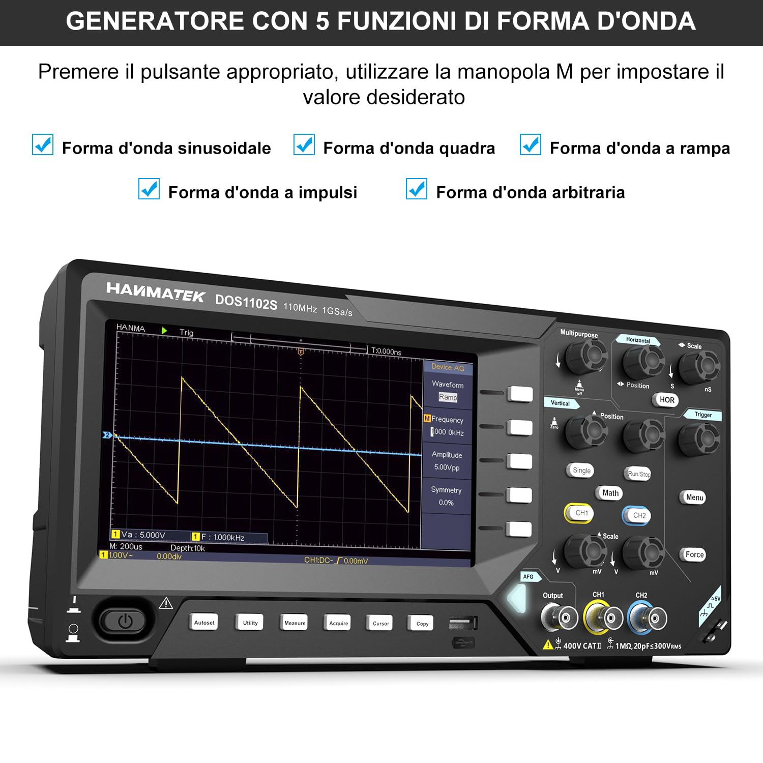 HANMATEK 2 in 1 Oscilloscopio Digitale Generatore di Degnale DDS con Larghezza di Banda 110 MHz, 2 Canali e Display TFT-LCD, Frequenza di Campionamento 500 MS/s *2