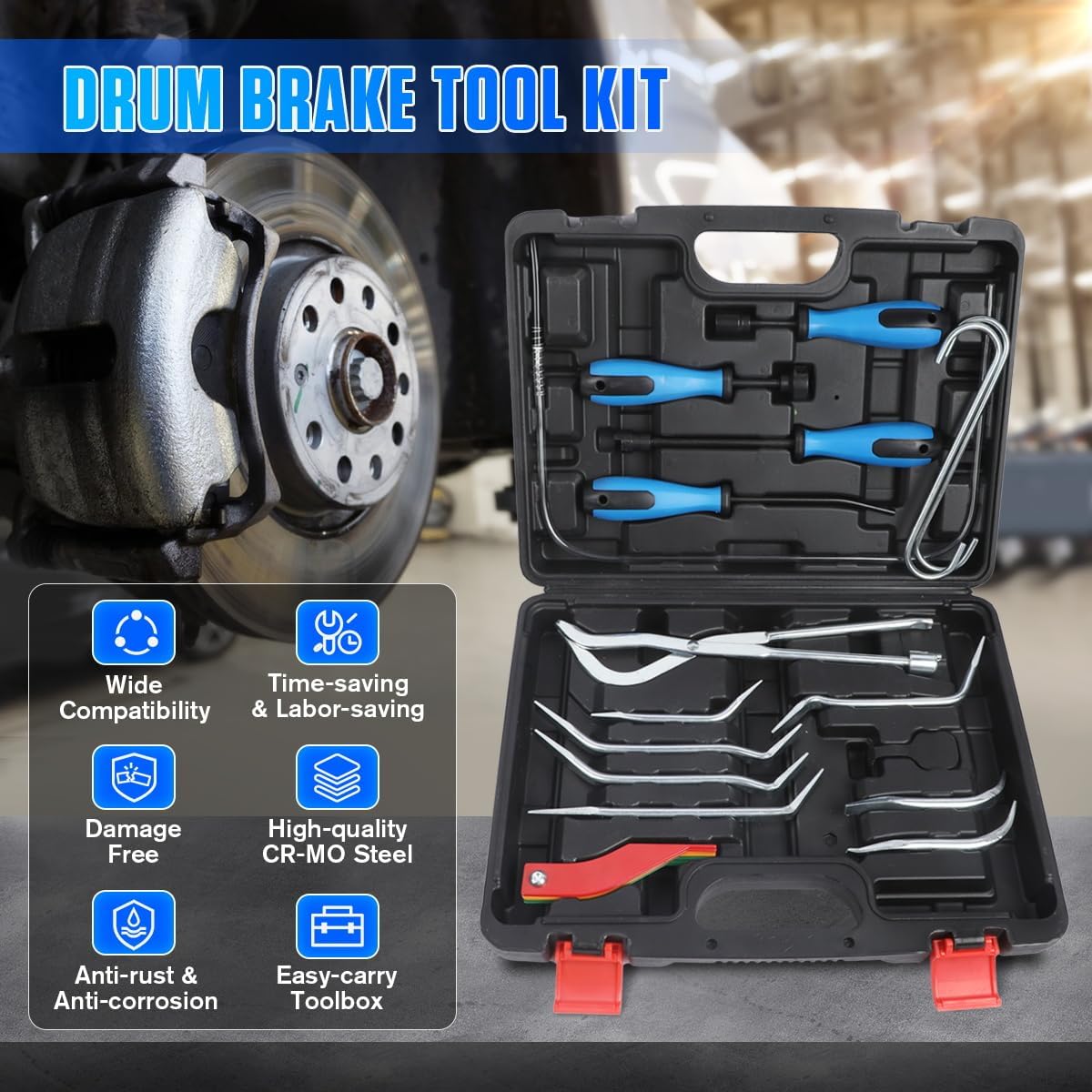 Drum Brake Tool Kit 18PCS Drum Brake Tools Labor-saving Brake Spring Pliers Anti-rust Brake Spring Installer Remover Compressor Brake Adjustment Spoon Brake Pad Gauge Measuring Tool Brake Bleeder Hose