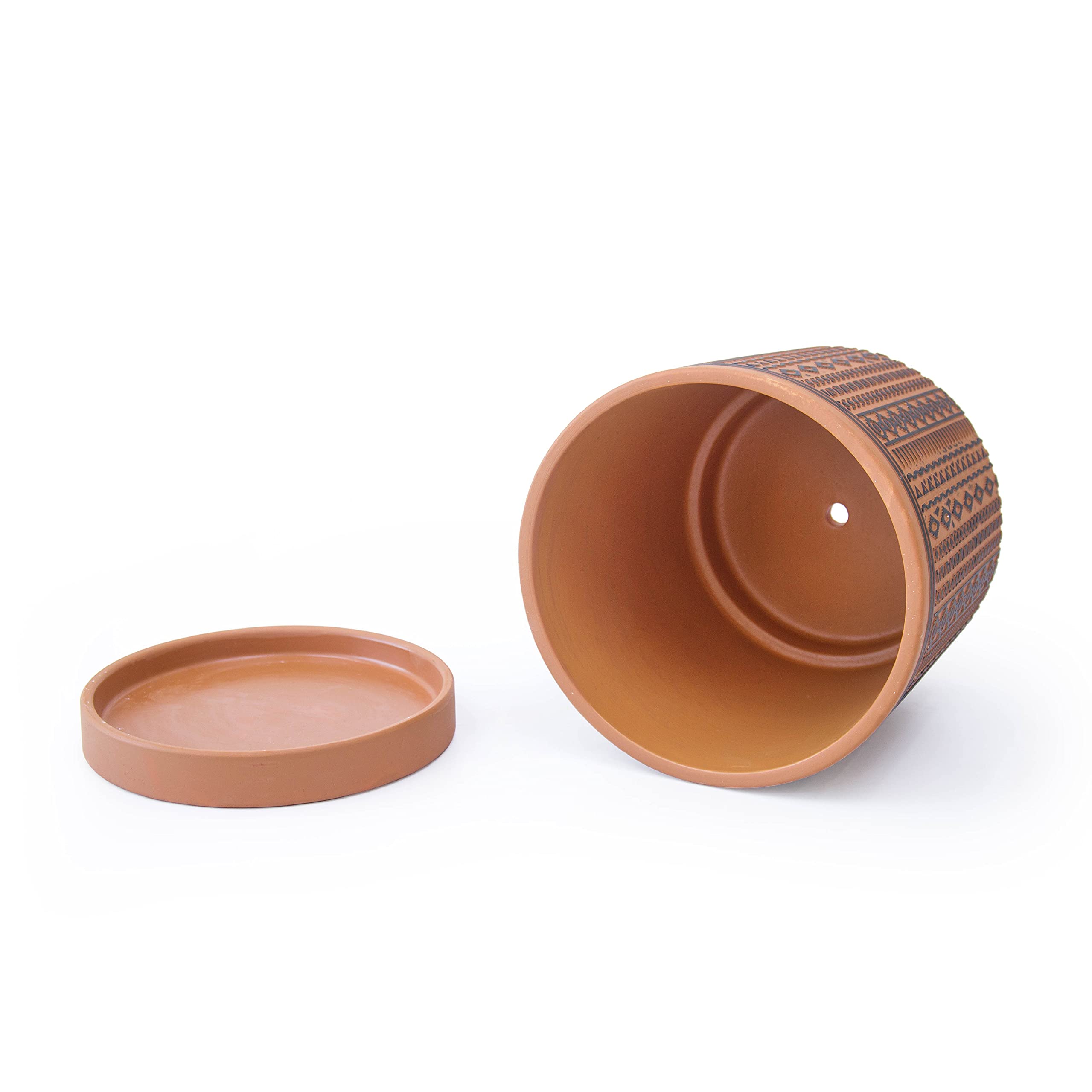 D'vine Dev Set of 2 Terracotta Pots, 6.5 Inch & 8.2 Inch, Planter Pots for Plants with Drainage Holes and Saucers, Terracotta/Black, Medium, 34-958-A-2
