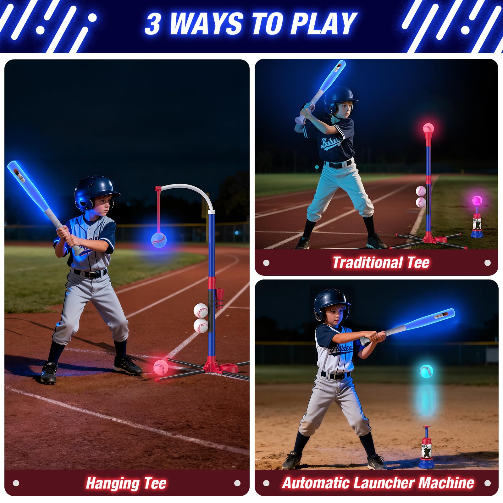 HYES Juego de béisbol LED 3 en 1 para niños de 3 a 5 años, soporte de tee ball, camiseta colgante, lanzador de bolas y 4 pelotas de sóftbol, altura ajustable, regalos deportivos para interiores y