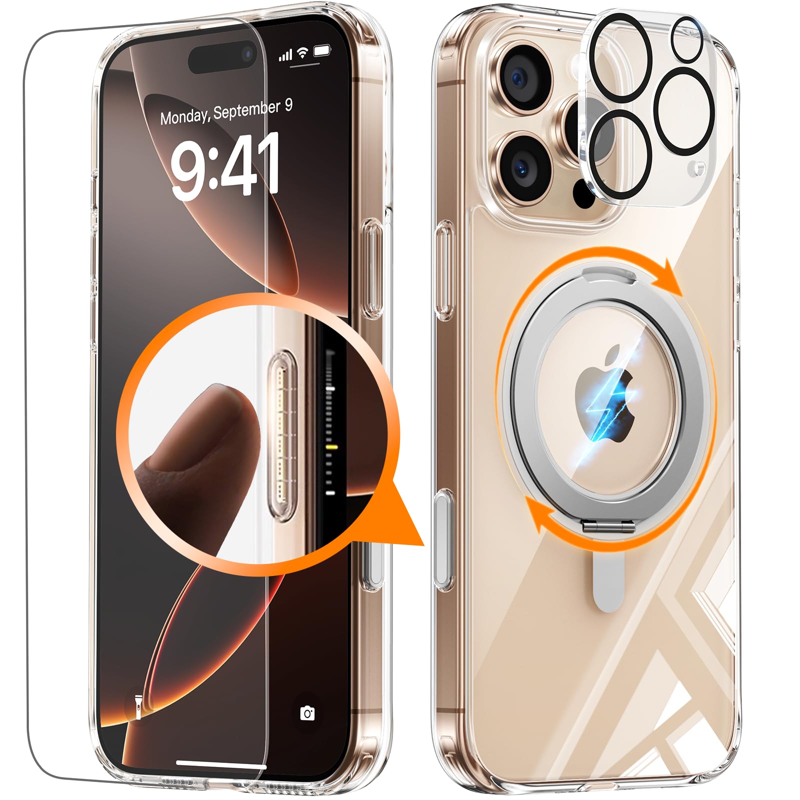 JUESHITUO Funda 3 en 1 para iPhone 16 Pro, [con botón de captura de control de cámara sensible] [no amarillento] Soporte de anillo