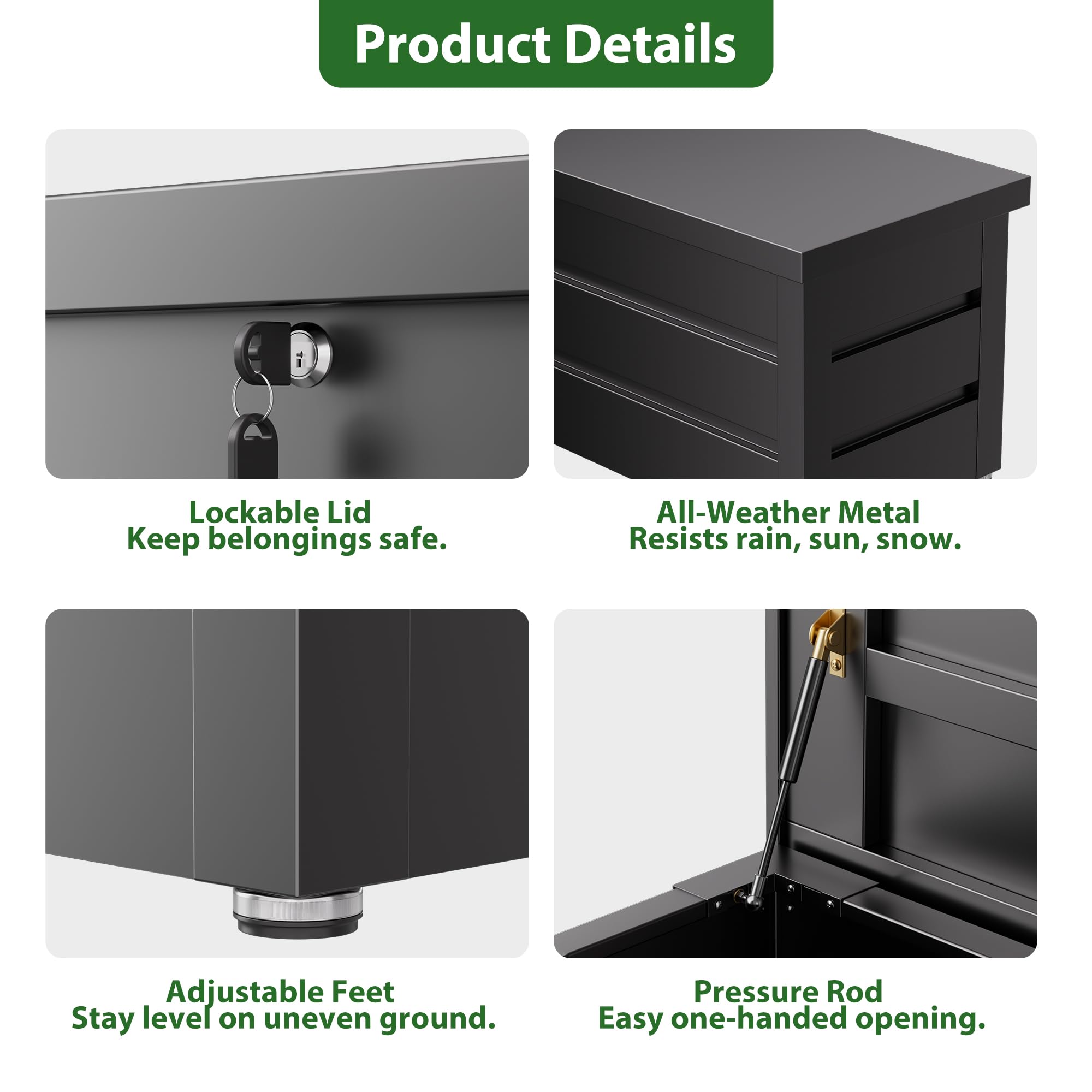 Caja de jardín de metal en negro 210 L, para exteriores, con revestimiento resistente a la corrosión, caja de almacenamiento para exteriores, resistente al agua, para cojín, 70 x 52 x 60 cm