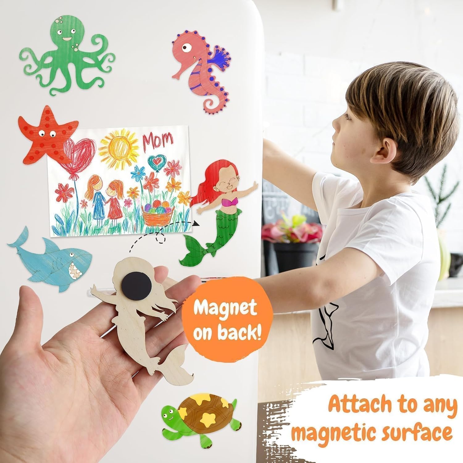 12-Pack Pre-Packaged Under the Sea Party Favors, Wooden Ocean Animal Cutouts with Magnets & Painting Kits, Birthday Thank You Gifts for Guests, Sea Theme Birthday Baby Shower Decorations