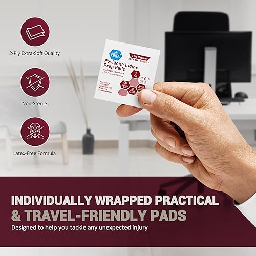 Miniatura 6 de MED PRIDE Povidone Iodine Prep Pads For Wounds Box of 100 - Individually Wrapped Iodine Wipes, 2-Ply, Medium- Wound Care First-Aid Antiseptic-