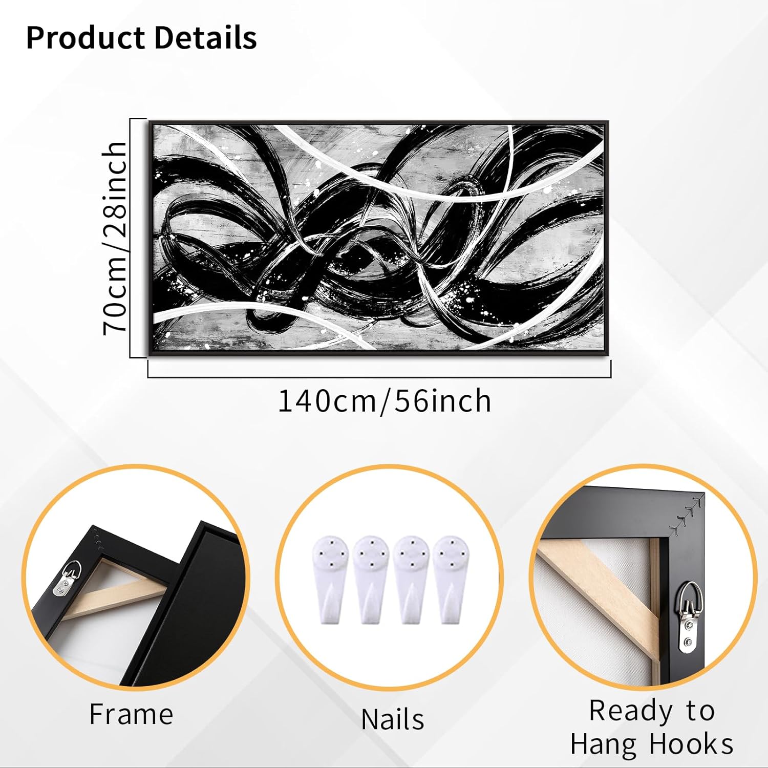 Kalormore Black and White Framed Wall Art Large Size Abstract Painting Print Canvas Artwork for Living Room (Black, L:56" W:28, Framed)