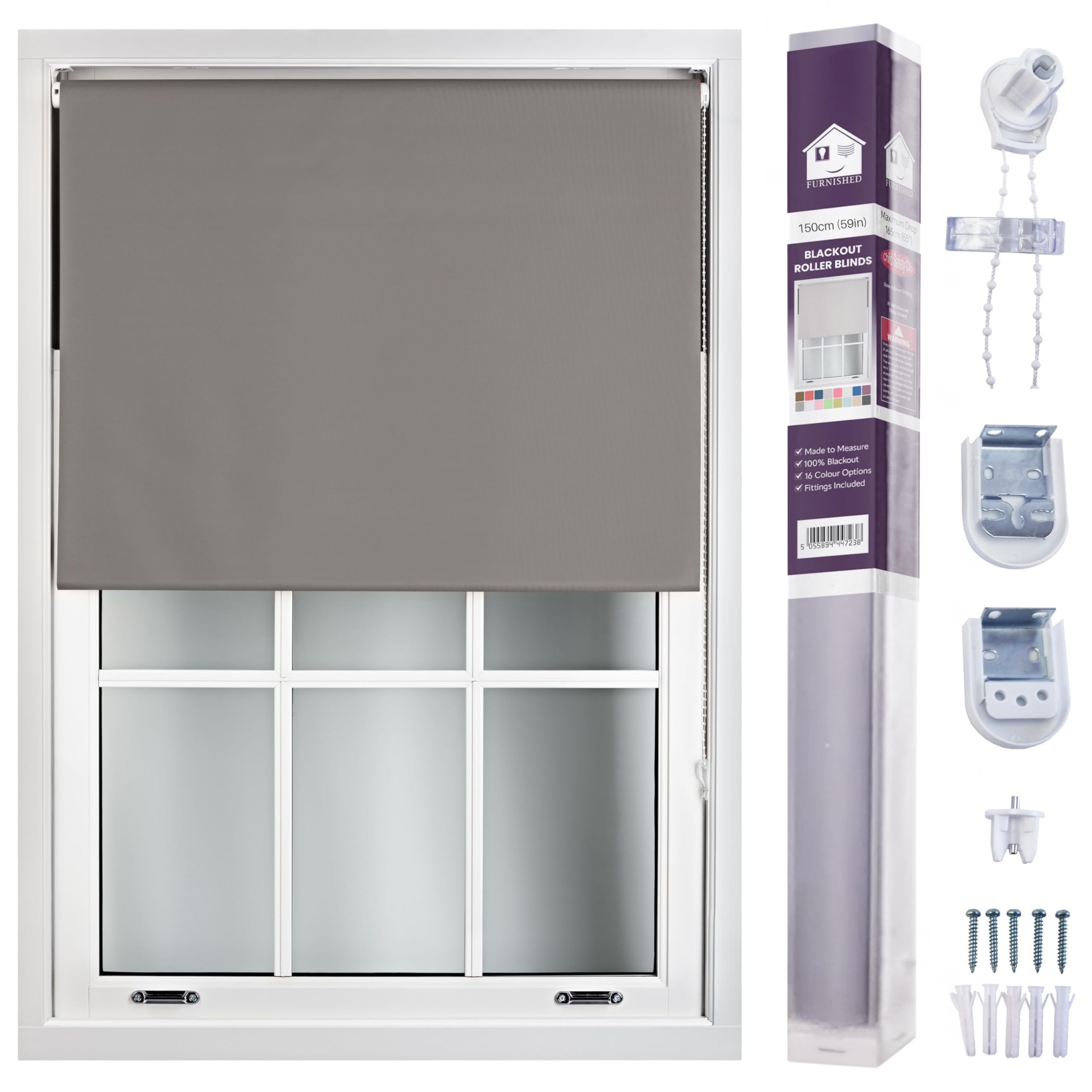 FURNISHED Blackout Roller Blind Made to Measure 14 Sizes 16 Colours Dark Grey Up To 150cm